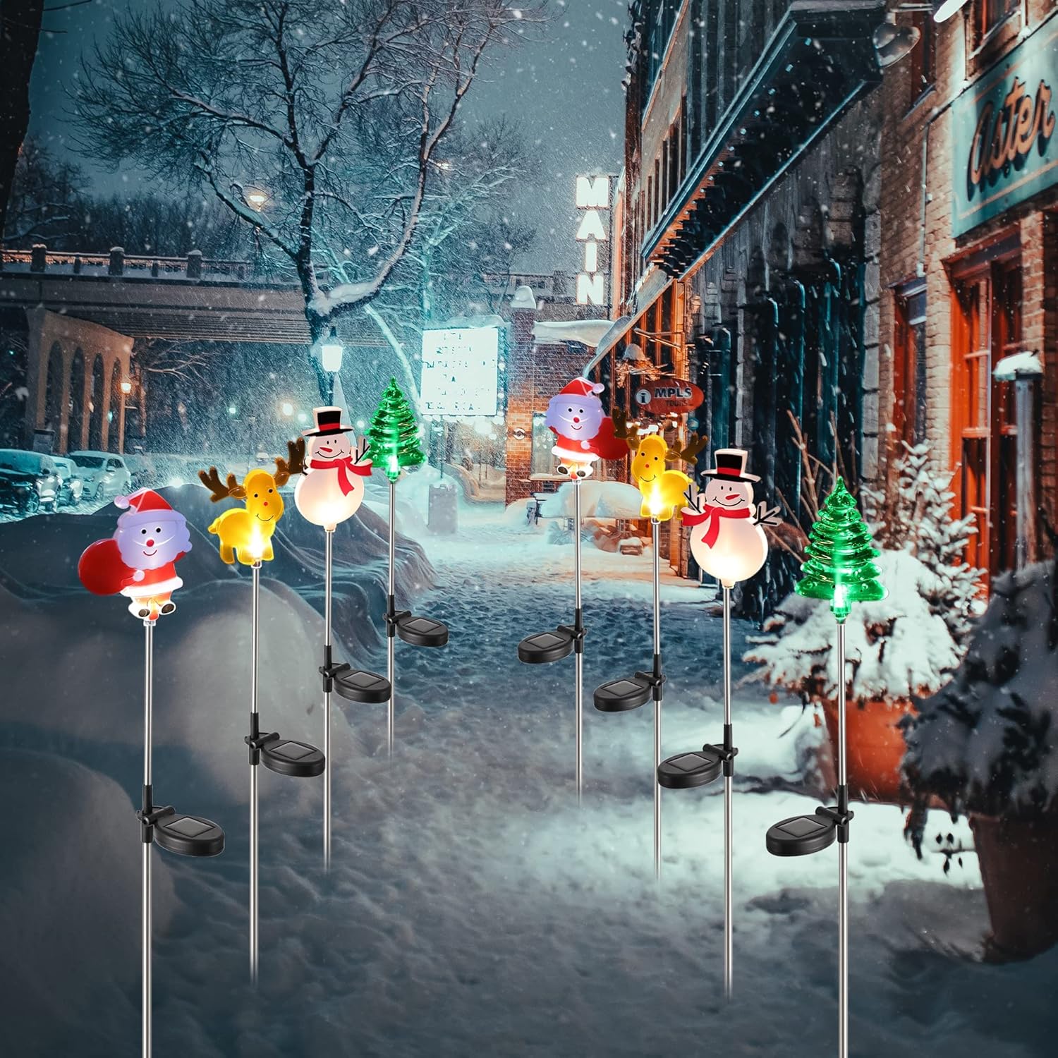 Glintoper Paquete de 4 luces solares de Navidad para exteriores, Papá Noel, muñeco de nieve, árbol de Navidad y reno con estacas de jardín,