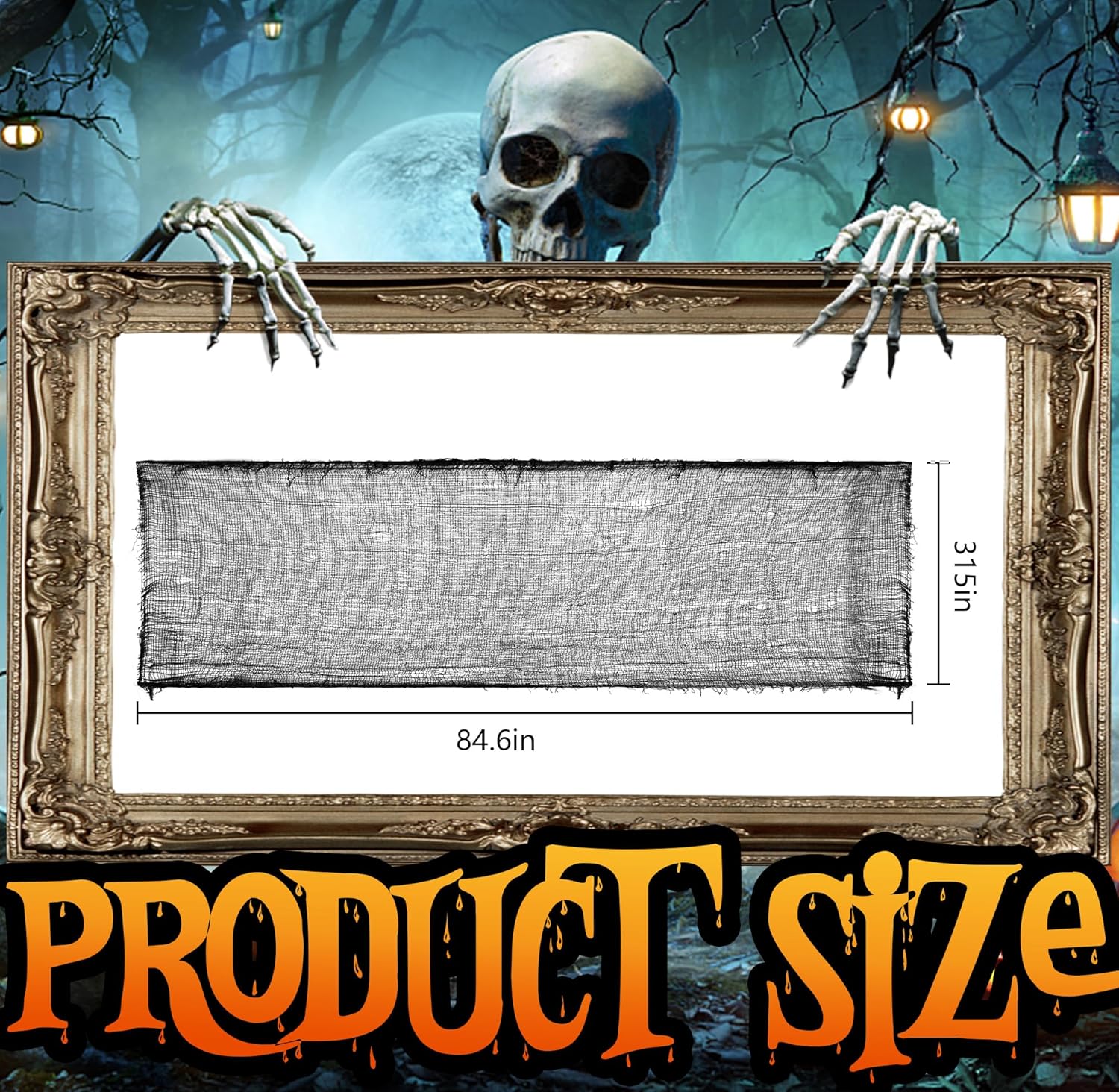 Tela espeluznante de Halloween de 315 x 84.6 pulgadas, tela espeluznante negra de Halloween, cubierta de gasa para puertas de ventanas para