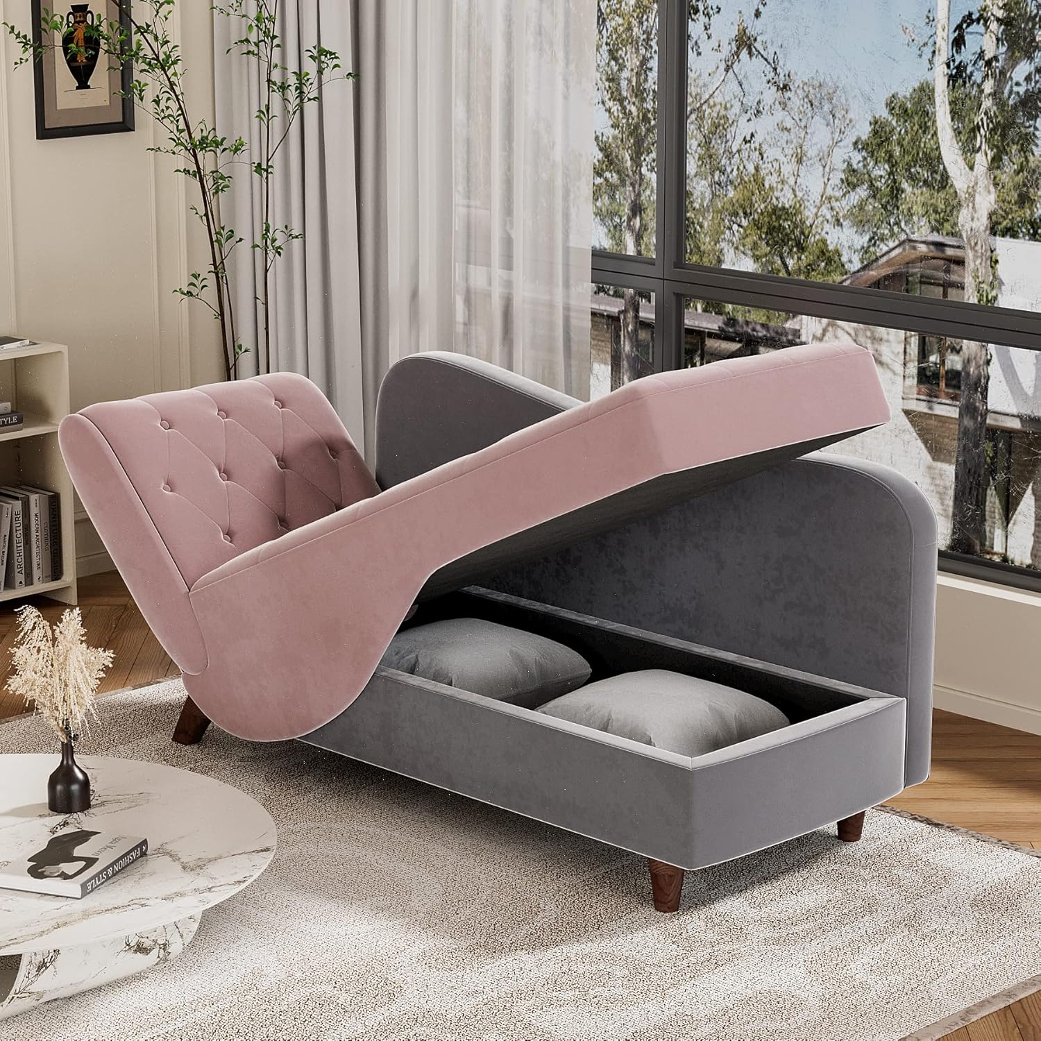 OUYESSIR Tumbona tapizada para interiores, sofá reclinable ajustable con almacenamiento y 1 almohada, sillón de terciopelo para sala de estar,