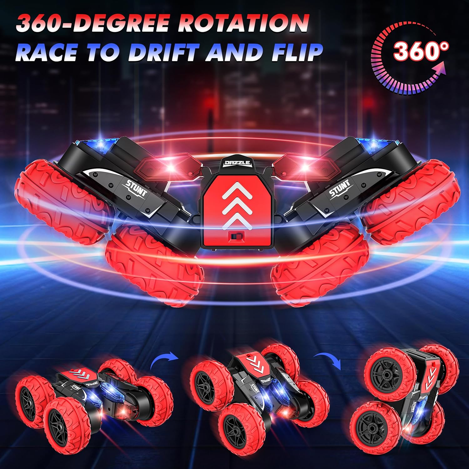 Coche de control remoto, autos de acrobacias de juguete de acrobacias, 4WD 2.4Ghz de doble cara giratoria de 360 con luces LED, juguete de auto RC