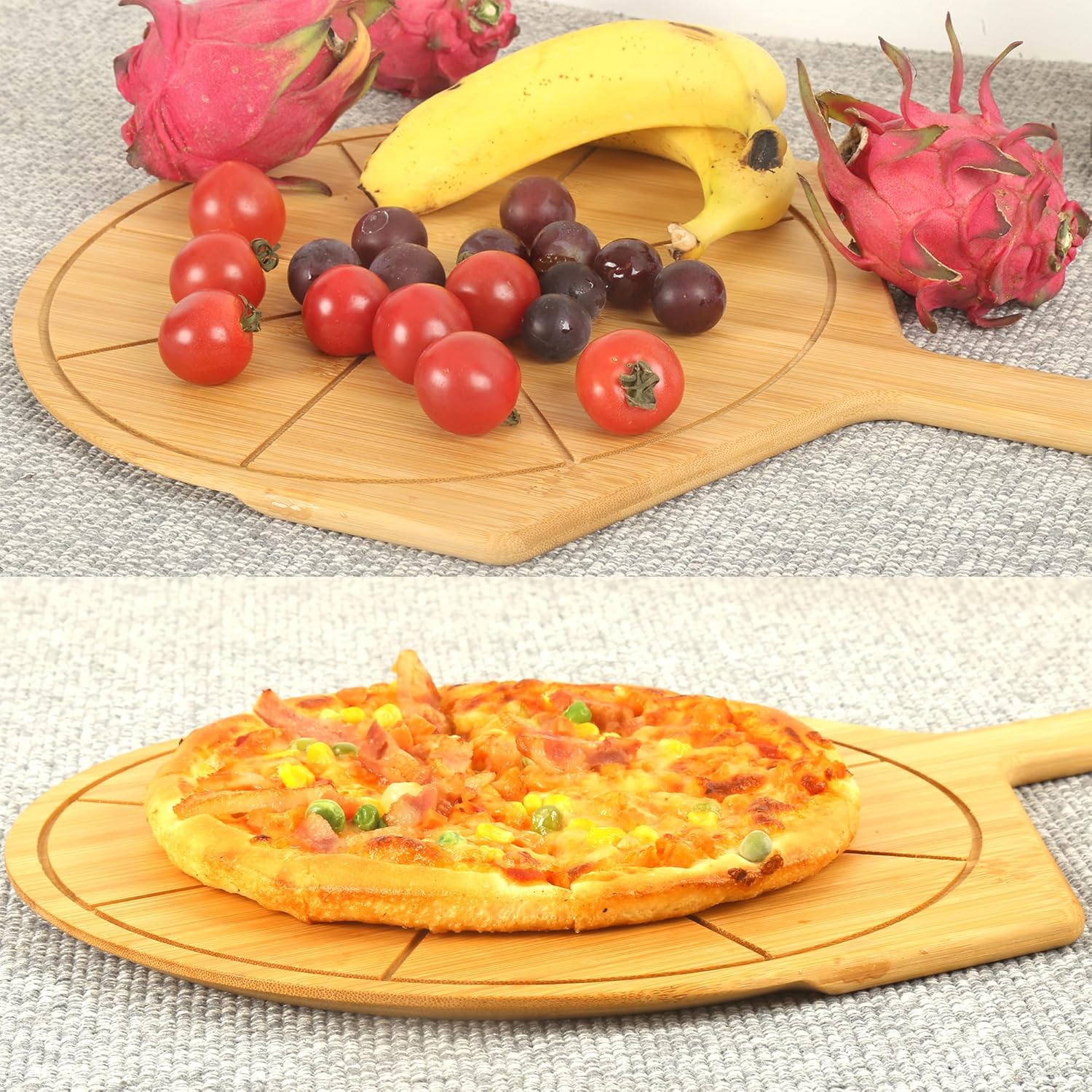 YOUYIXUN Pizza Peel de 12 pulgadas, espátula de madera de doble cara para pizza, accesorio para horno, tabla de pizza de bambú con asa, tabla de