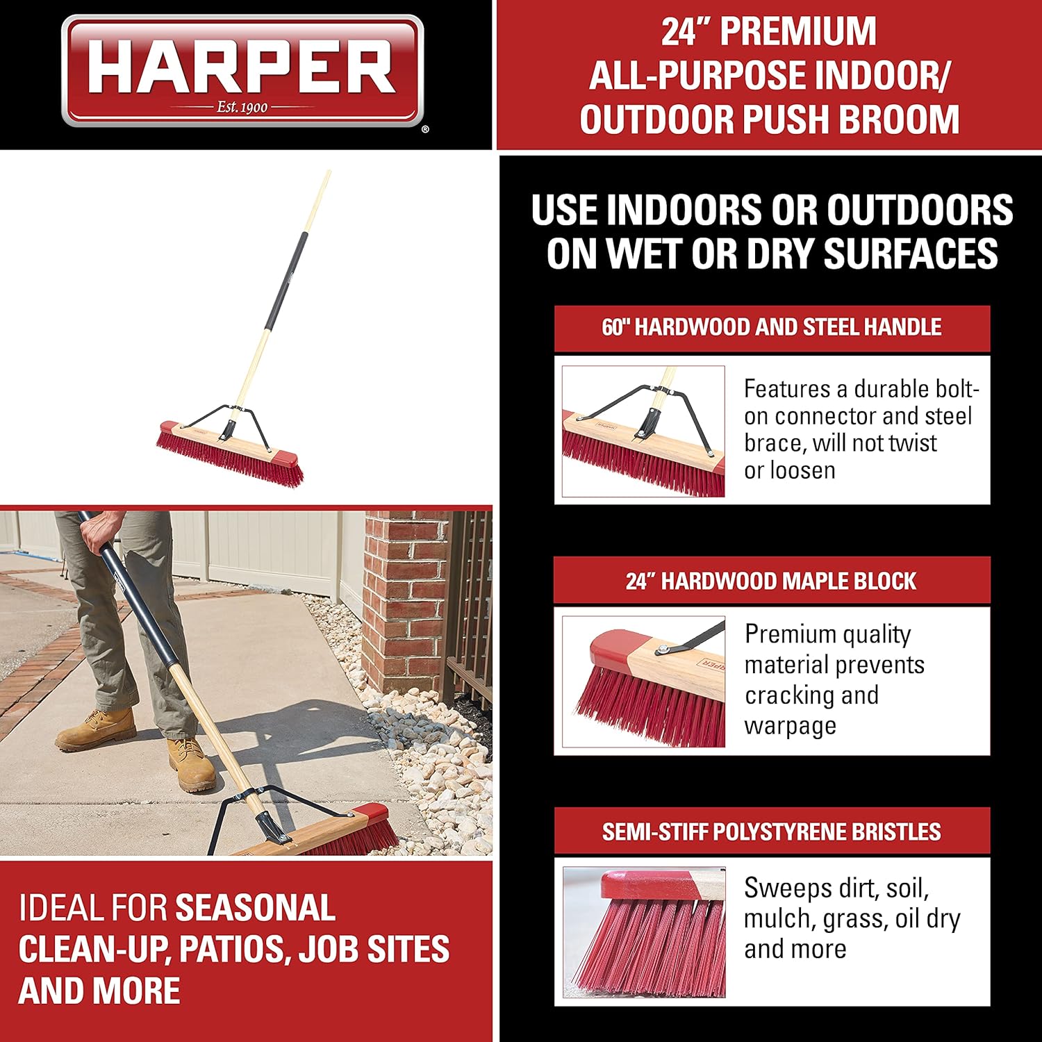 Harper 20201041 Escoba de empuje multiusos de 24 pulgadas para interiores y exteriores, húmedoseco, con cerdas semitiffas para suciedad, tierra,