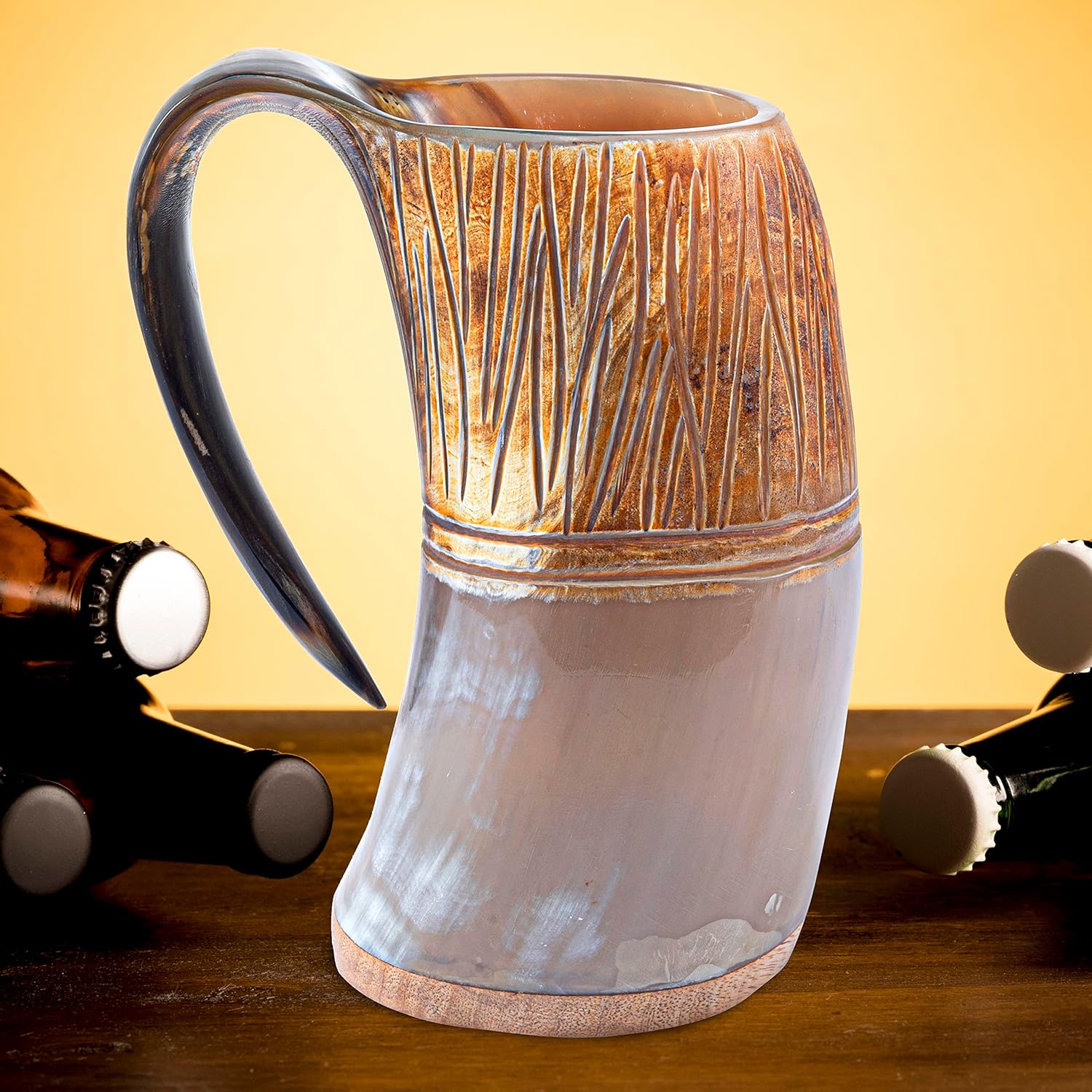 FENRIR Taza de cuerno de buey vikingo prémium para cerveza y aguamiel y cerveza y jarra de bebida fría, taza con acabado natural con vidrio corto y