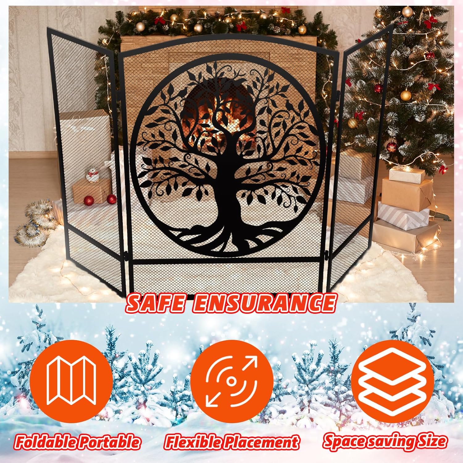 Pantalla para chimenea de cabina, malla de acero, cubierta de protección contra chispas, puerta de chimenea rústica de 3 paneles, chimenea plegable