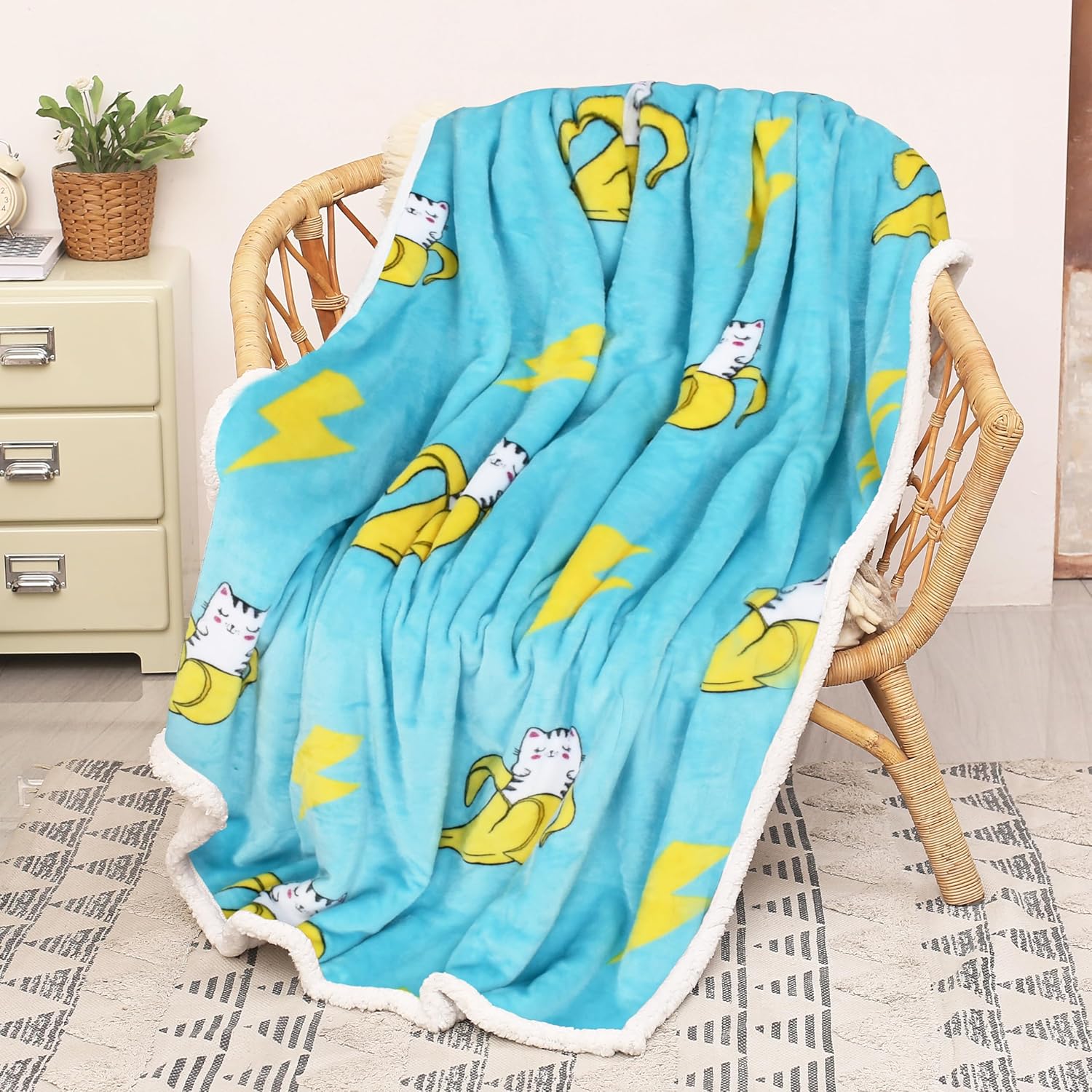 Catalonia Manta de forro polar Sherpa con estampado de gato y plátano, manta suave de felpa de visón, mullida, cómoda, cálida, regalo de cuidado