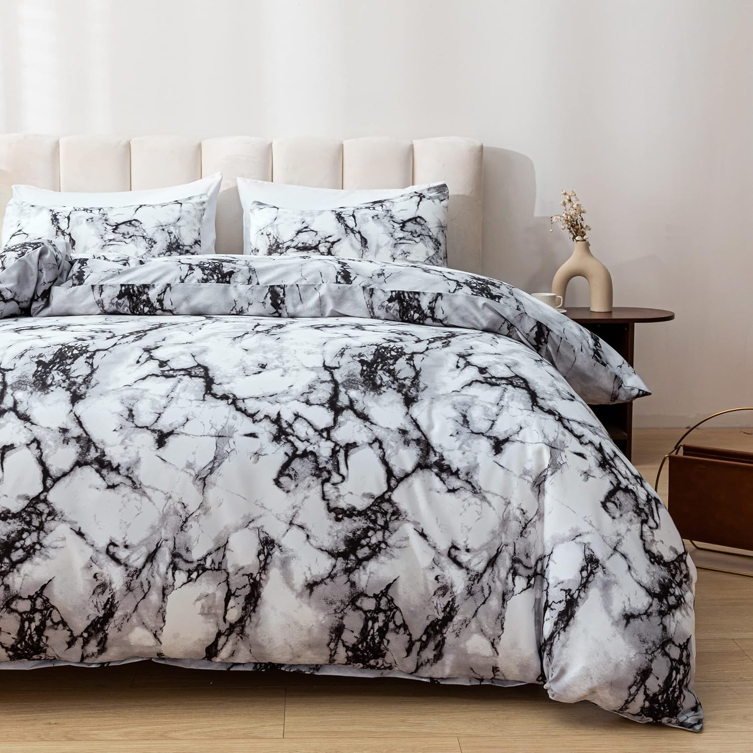 Smoofy Queen Marble White Comforter Set, White Marble Pattern Printed Soft Fabric with Brushed Microfiber Full Bed Sheets Fill Bedding Sets(1