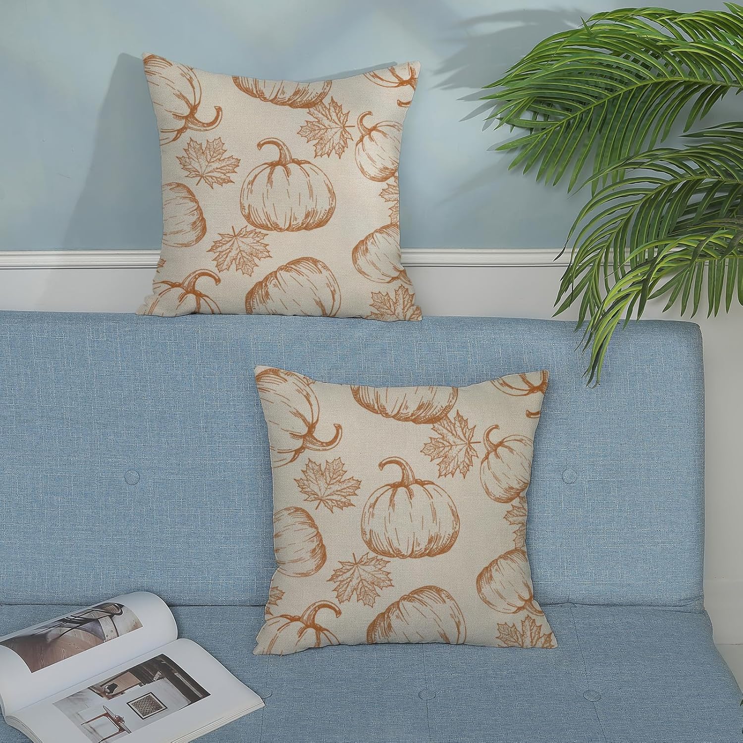 Juego de 2 fundas de almohada de otoño de 16 x 16 pulgadas, decoración de otoño, hojas de arce y calabaza, almohadas de temporada para exteriores,