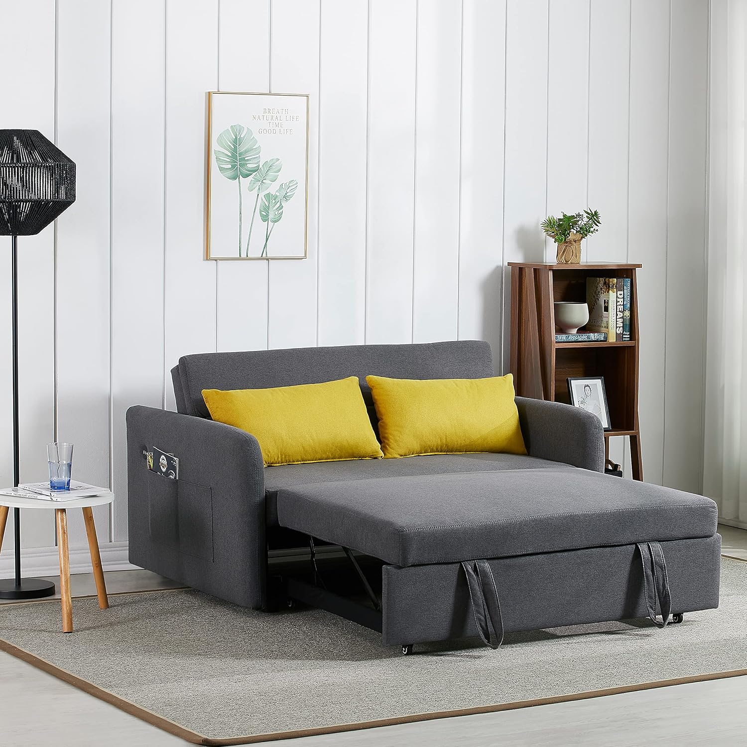 Puertos USB de 55.5 pulgadas y bolsillos laterales, convertible multifuncional 3 en 1, 2 almohadas lumbares, sofá biplaza con cama extraíble, para