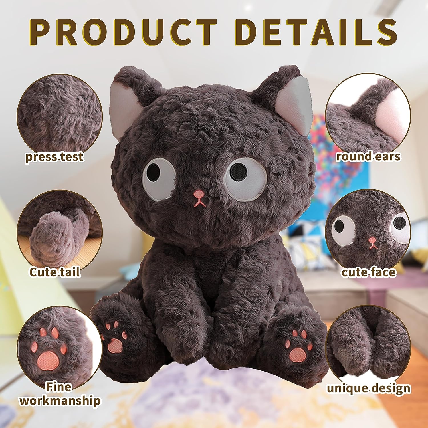 Lindo juguete de peluche de gato negro, almohada de felpa de gato Kawaii, almohada de peluche suave de gato negro para niños, cumpleaños, Navidad,