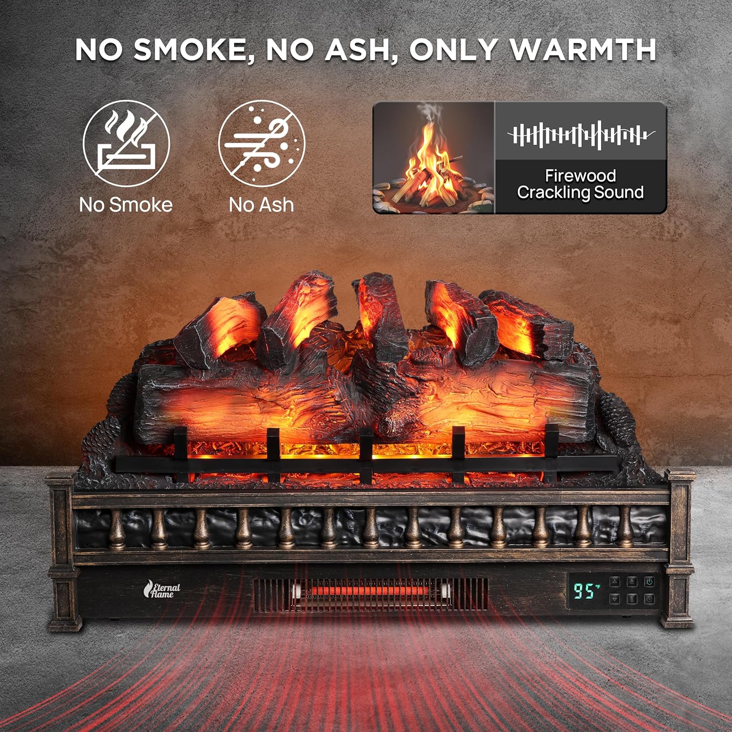 TURBRO Eternal Flame – Calentador eléctrico de cuarzo infrarrojo WiFi de 30 pulgadas con sonido crujiente, troncos de madera de pino realistas,