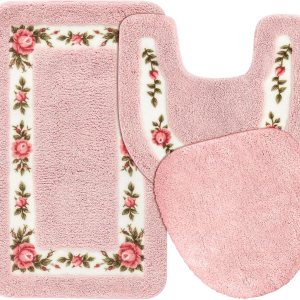 Drydiet Juego de 3 alfombras de baño rosas florales en forma de U, cubierta de tapa de inodoro, antideslizante, absorbente, floral, para hotel, Drydiet Juego de 3 alfombras de baño rosas florales en forma de U, cubierta de tapa de inodoro, antideslizante, absorbente, floral, para hotel,