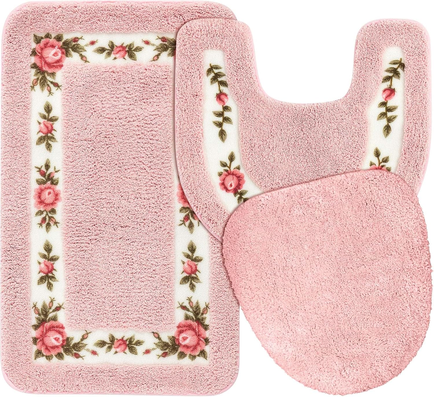Drydiet Juego de 3 alfombras de baño rosas florales en forma de U, cubierta de tapa de inodoro, antideslizante, absorbente, floral, para hotel,