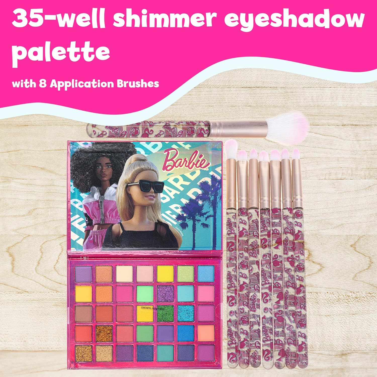 Townley Girl Barbie Paleta de sombras de ojos de 35 pozos, colores brillantes y opacos, pigmentada mezclable, 8 pinceles de aplicación no tóxicos