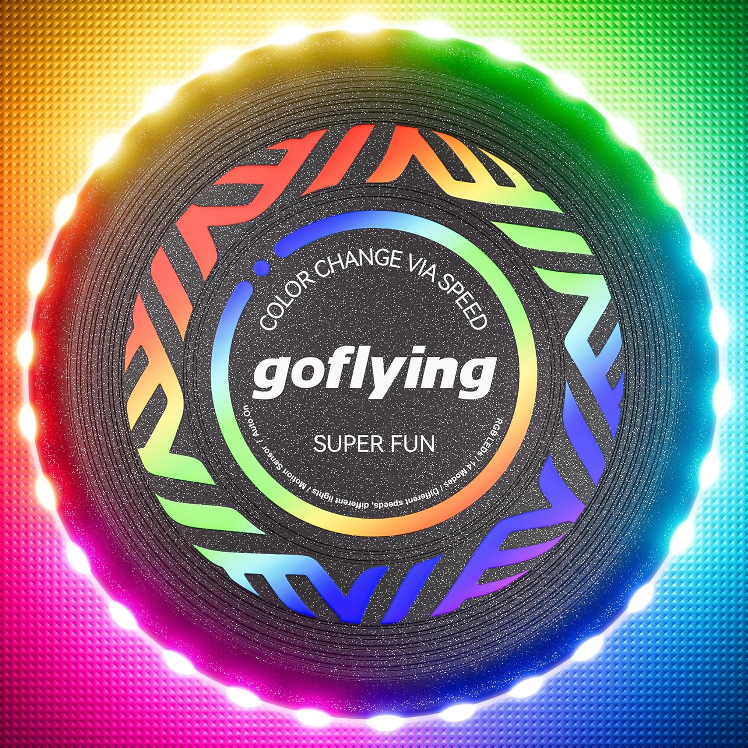 GOFLYING Disco volador LED, 9 colores ajustables, 4 brillo ajustable, recargable, modo 3 funcionamiento, modo de luz RGB funcionandomodo de color