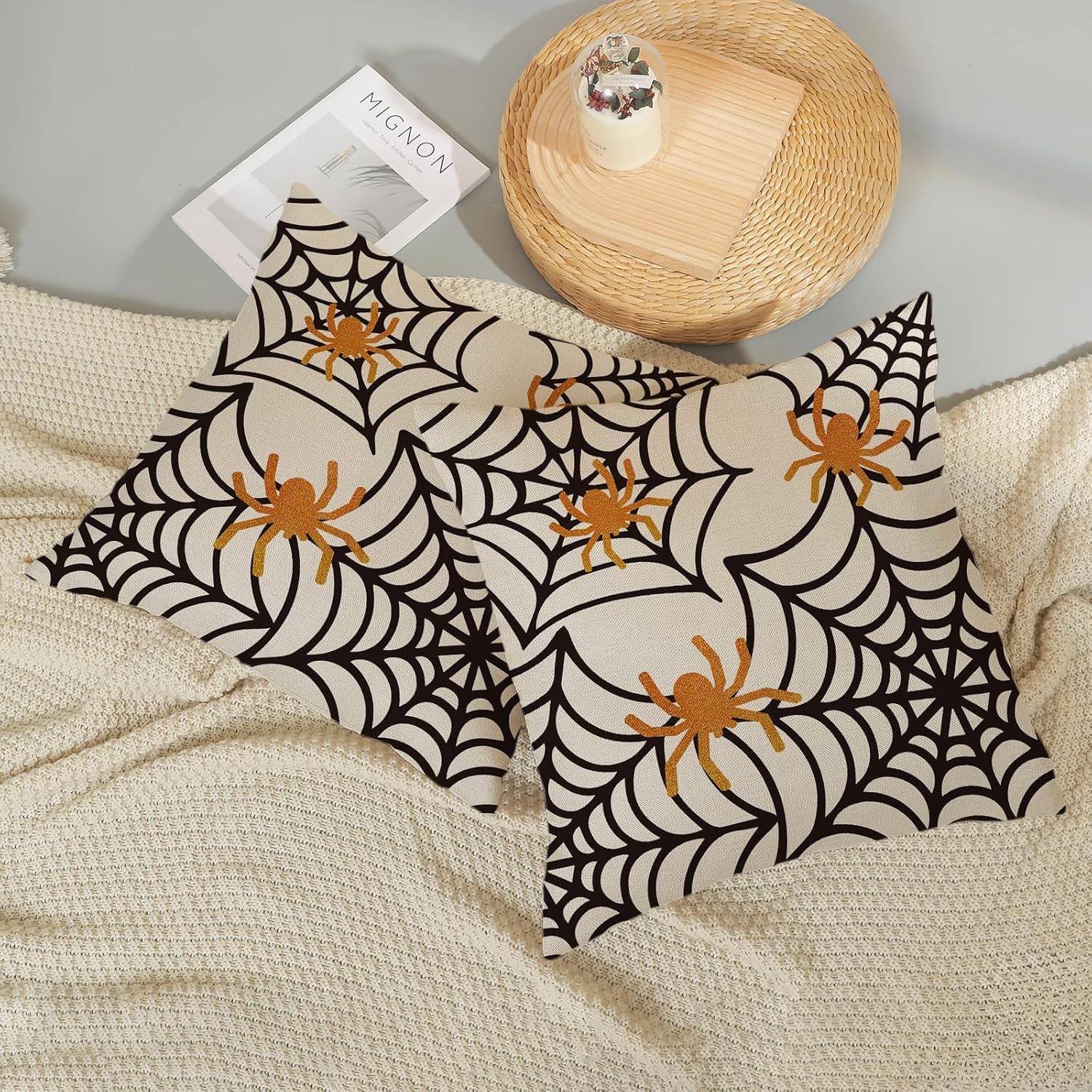 QANOK Juego de 2 fundas de almohada de Halloween de 20 x 20 pulgadas, decoración de Halloween, almohadas de tela de araña, fundas de cojín