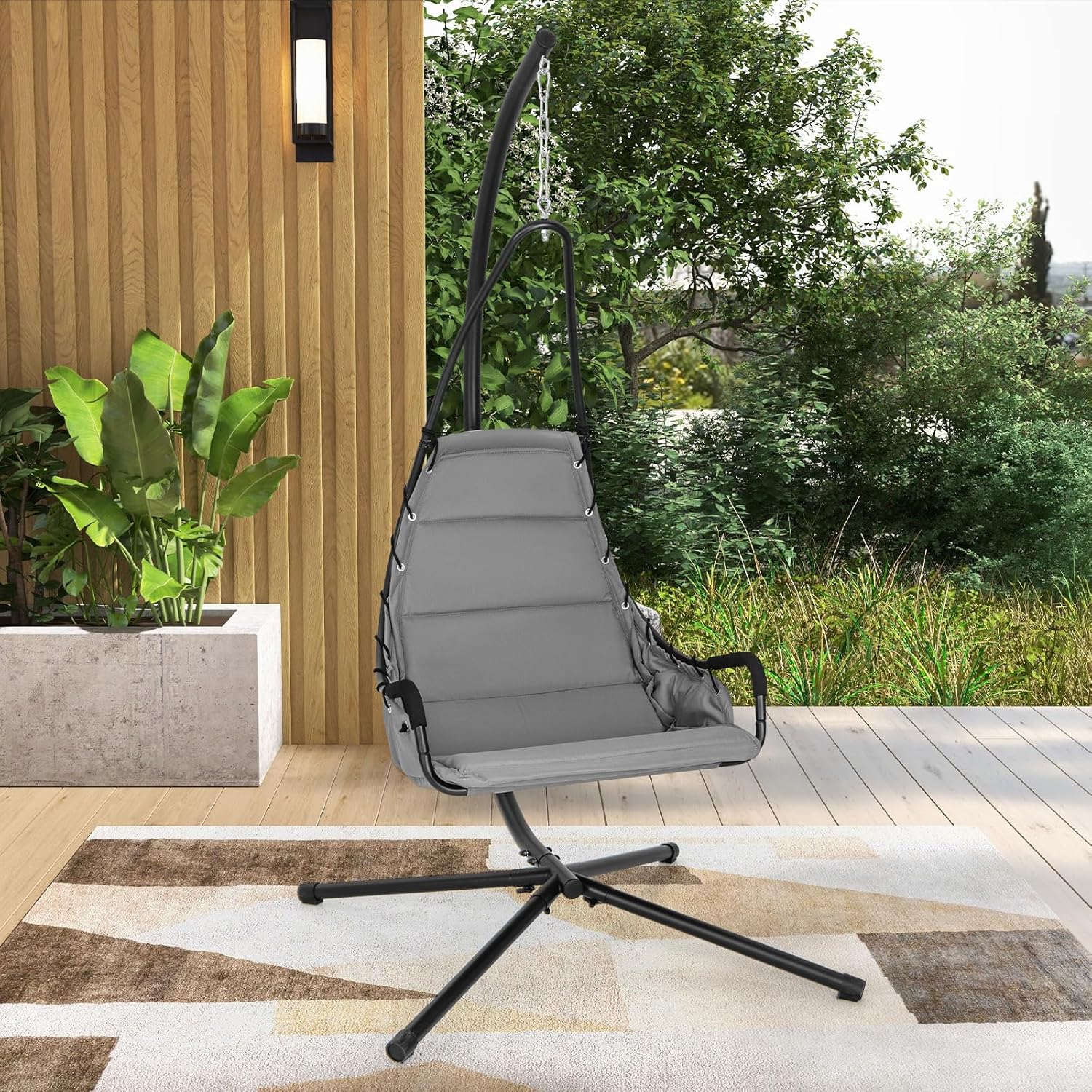 Tangkula Silla columpio con soporte, silla colgante de huevo para interiores y exteriores con cojín, silla hamaca para interiores y exteriores con