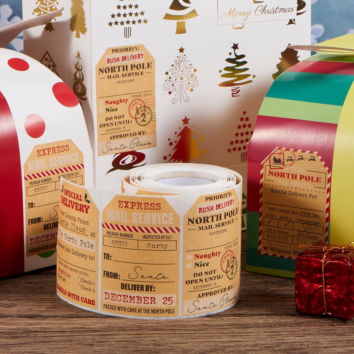 JOYIN 120 etiquetas de regalo de Navidad de 2.2 x 3.1 pulgadas, etiquetas autoadhesivas de papel kraft para envoltura de regalos, regalos de fiestas
