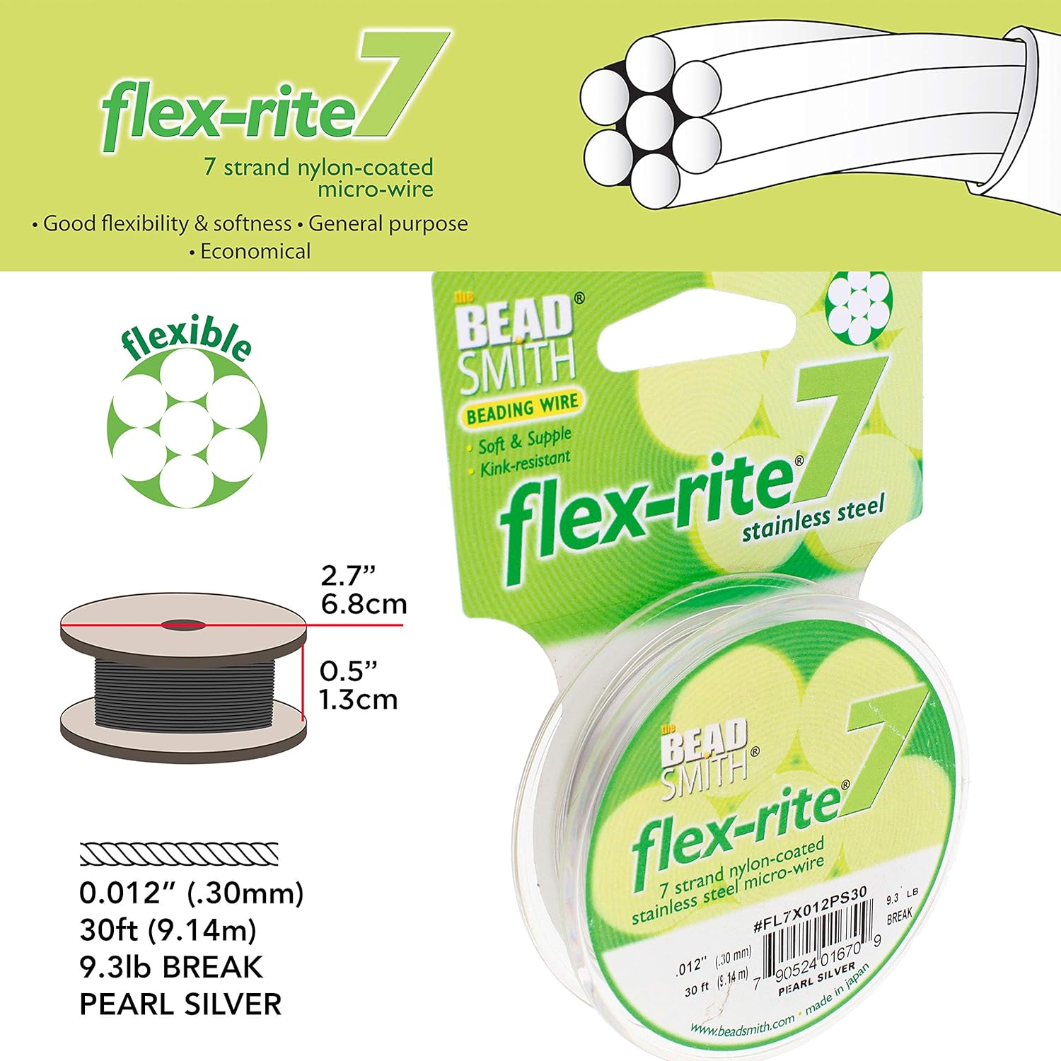 The Beadsmith Flex-Rite 7 hebras de nailon recubierto de nailon, alambre de cuentas de acero inoxidable, suministro de fabricación de joyas (0.012