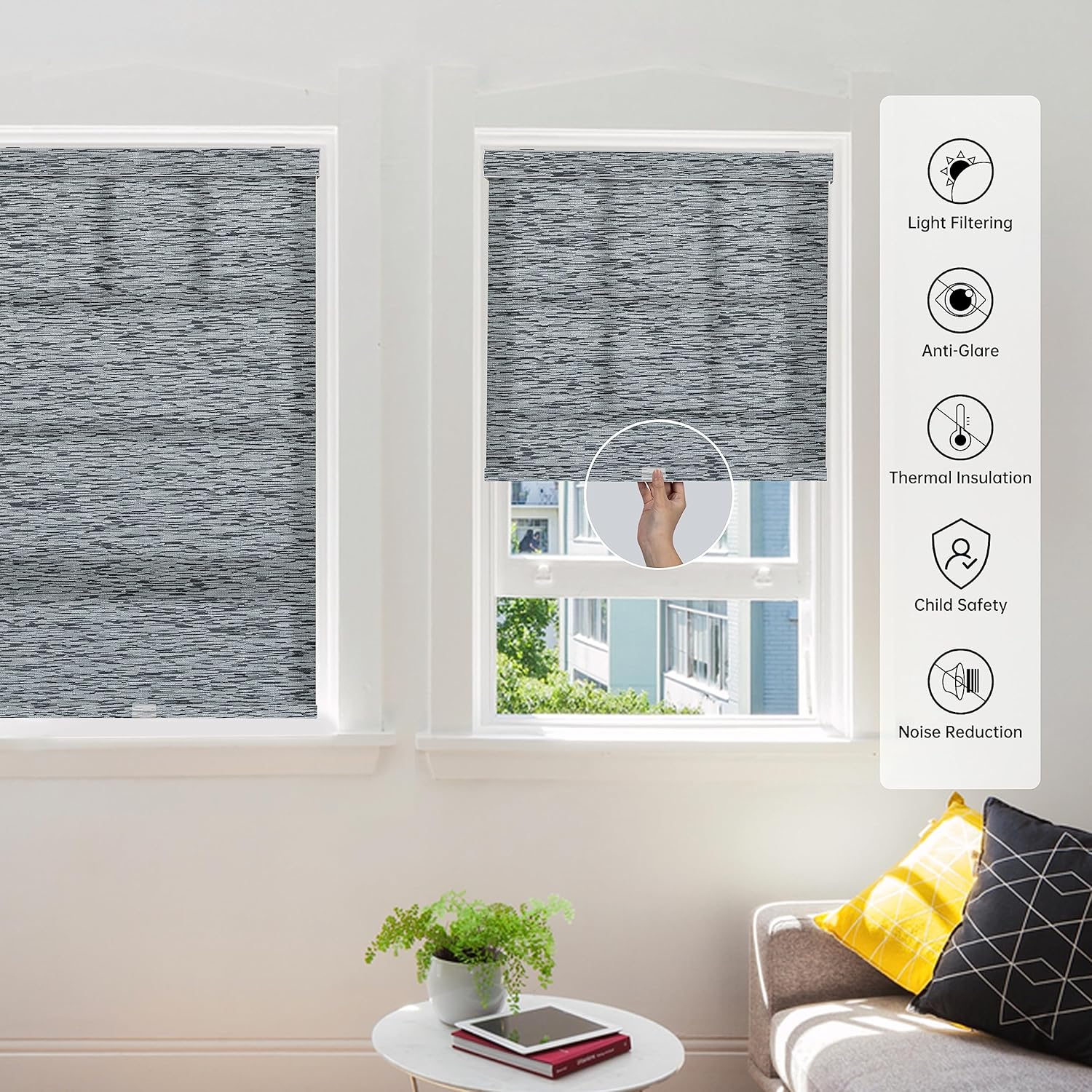 BERISSA – Persianas enrollables con filtro de luz para ventana, persianas solares inalámbricas con jacquard a rayas, tela con aislamiento térmico,