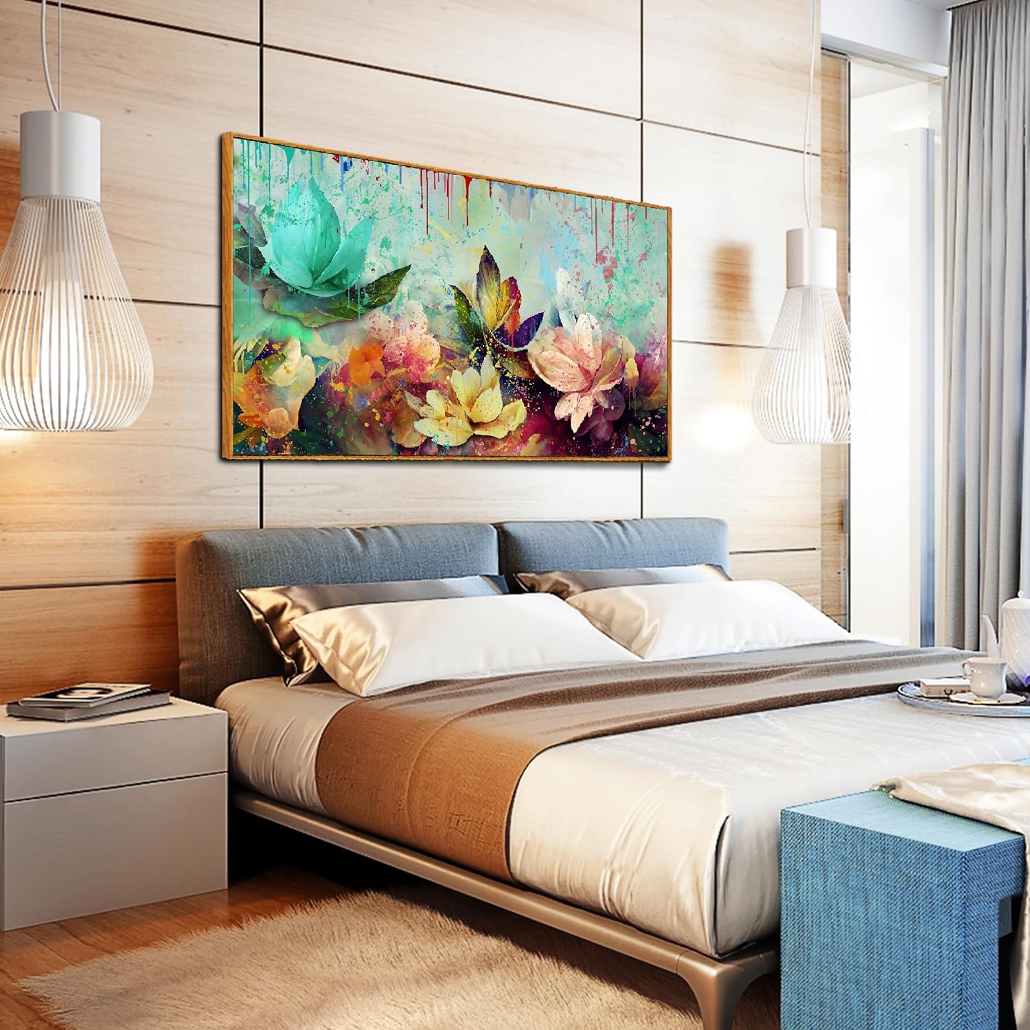 Arte de pared de flores para sala de estar, lienzo floral enmarcado para dormitorio, pintura de impresión de loto de acuarela, tamaño 40 x 20