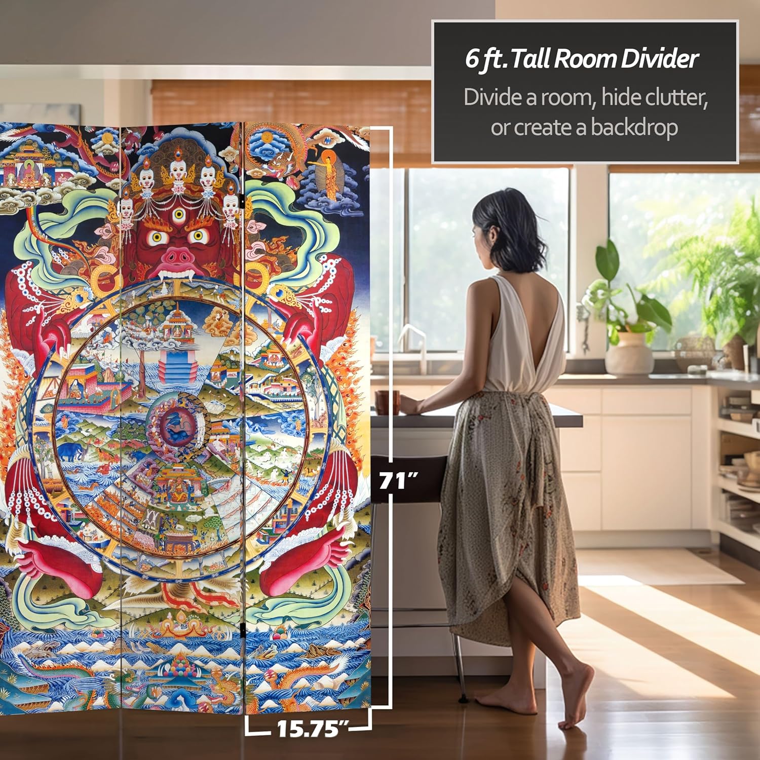 Oriental Furniture – Divisor de habitación de lona de doble cara de 6 pies de alto, The Wheel of Life