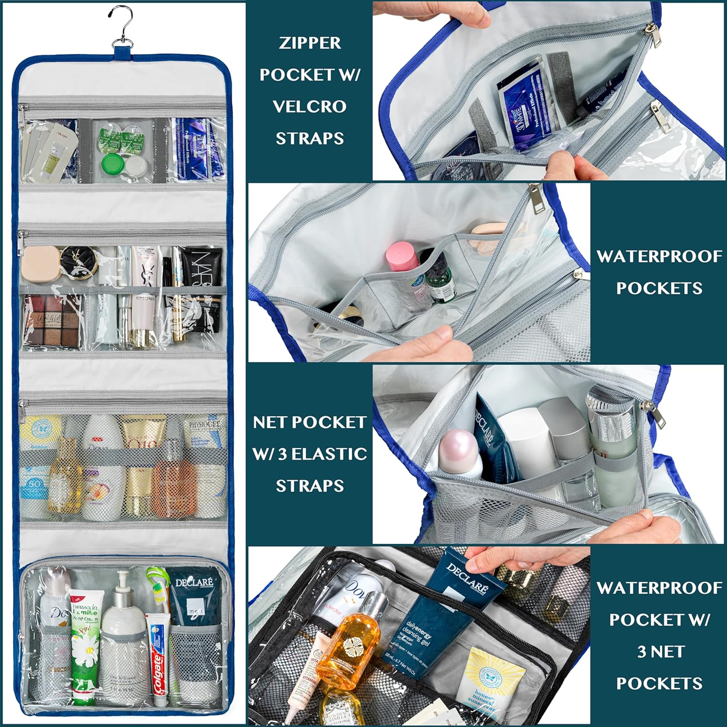 PAVILIA Neceser colgante de viaje para mujeres y hombres, kit de bolsa de maquillaje de gran capacidad, estuche organizador de almacenamiento de