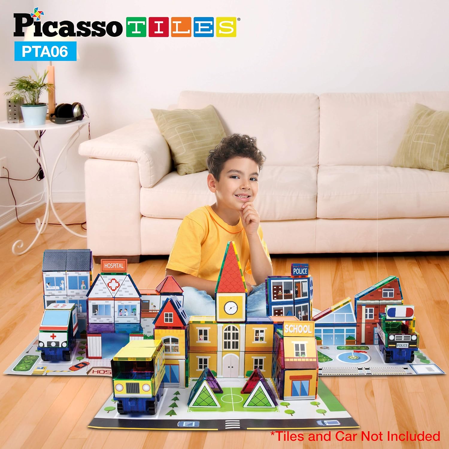 PicassoTiles Juego de 80 piezas para escuela, hospital, estación de policía 3 en 1, imán temático autoadhesivo con parte trasera adhesiva,