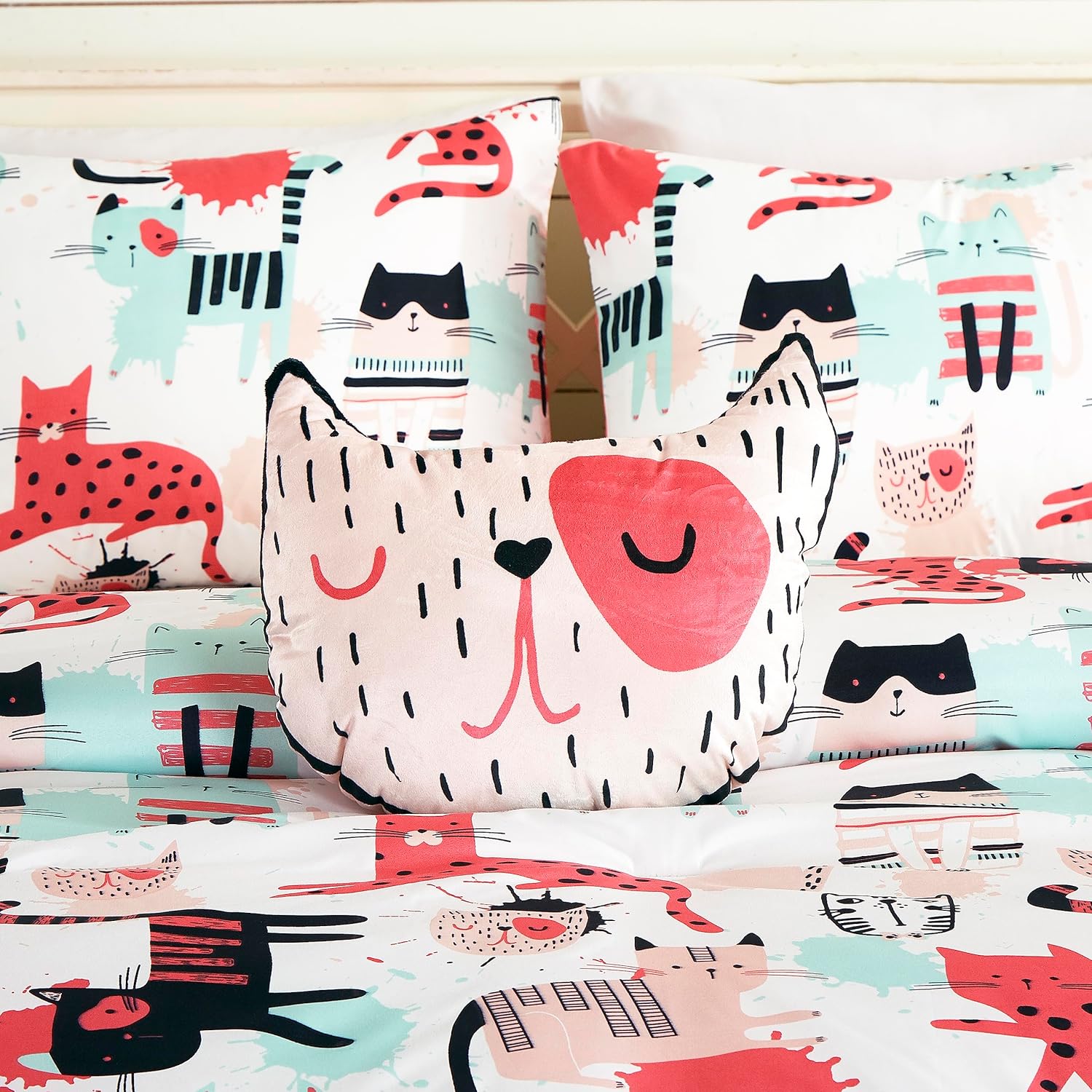 Chezmoi Collection Juego de ropa de cama de 3 piezas con diseño de gatos de dibujos animados, tamaño individual, juego de edredón de microfibra