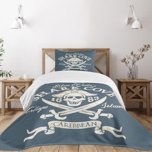 Lunarable Colcha pirata, Shark Cove Tortuga Island Caribbean Waters Retro Jolly Roger, juego de colcha acolchada decorativa de 2 piezas con funda de Lunarable Colcha pirata, Shark Cove Tortuga Island Caribbean Waters Retro Jolly Roger, juego de colcha acolchada decorativa de 2 piezas con funda de