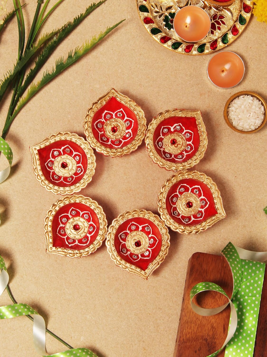 Terracoaat – Juego de 6 piezas de arcilla roja Diya para decoraciones de DiwaliNavratri, lámpara de aceite, Diwali, arcilla diya, soporte para velas