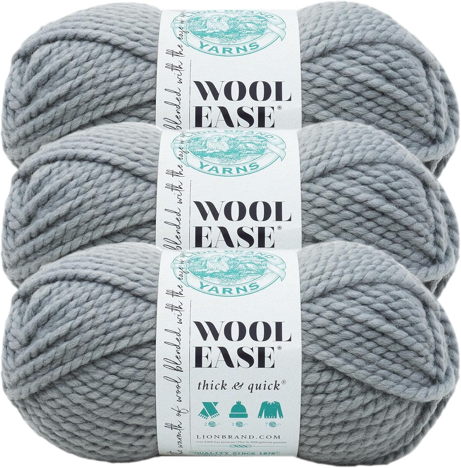 Lion Brand Yarn Wool-Ease Thick & Quick Yarn – Hilo suave y voluminoso para tejer, ganchillo y manualidades, paquete de 3, Slate