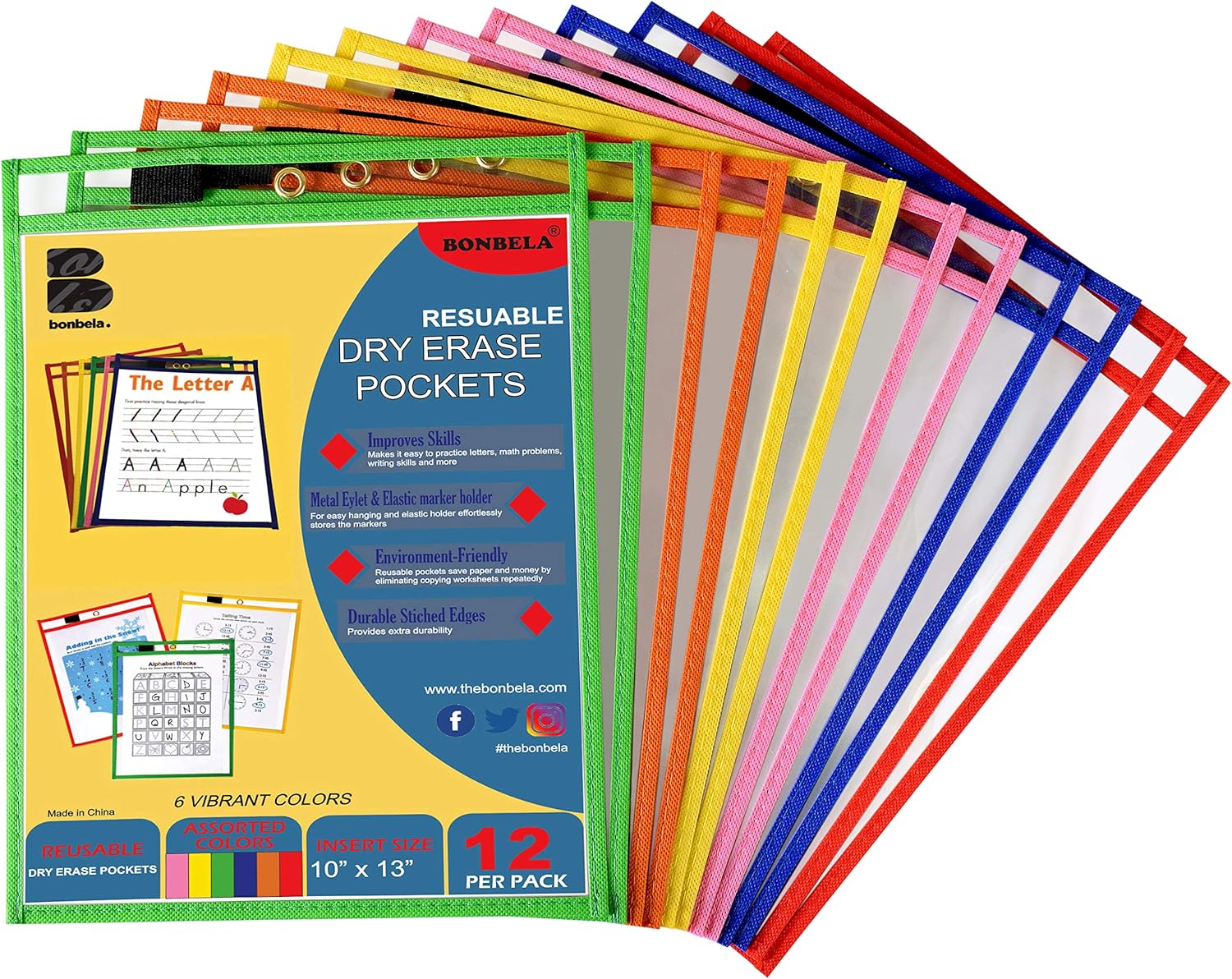 BONBELA Bolsillos de borrado en seco, paquete de 12 unidades, 10 x 13 pulgadas, reutilizables, de borrado en seco, para hojas de trabajo y escuela,