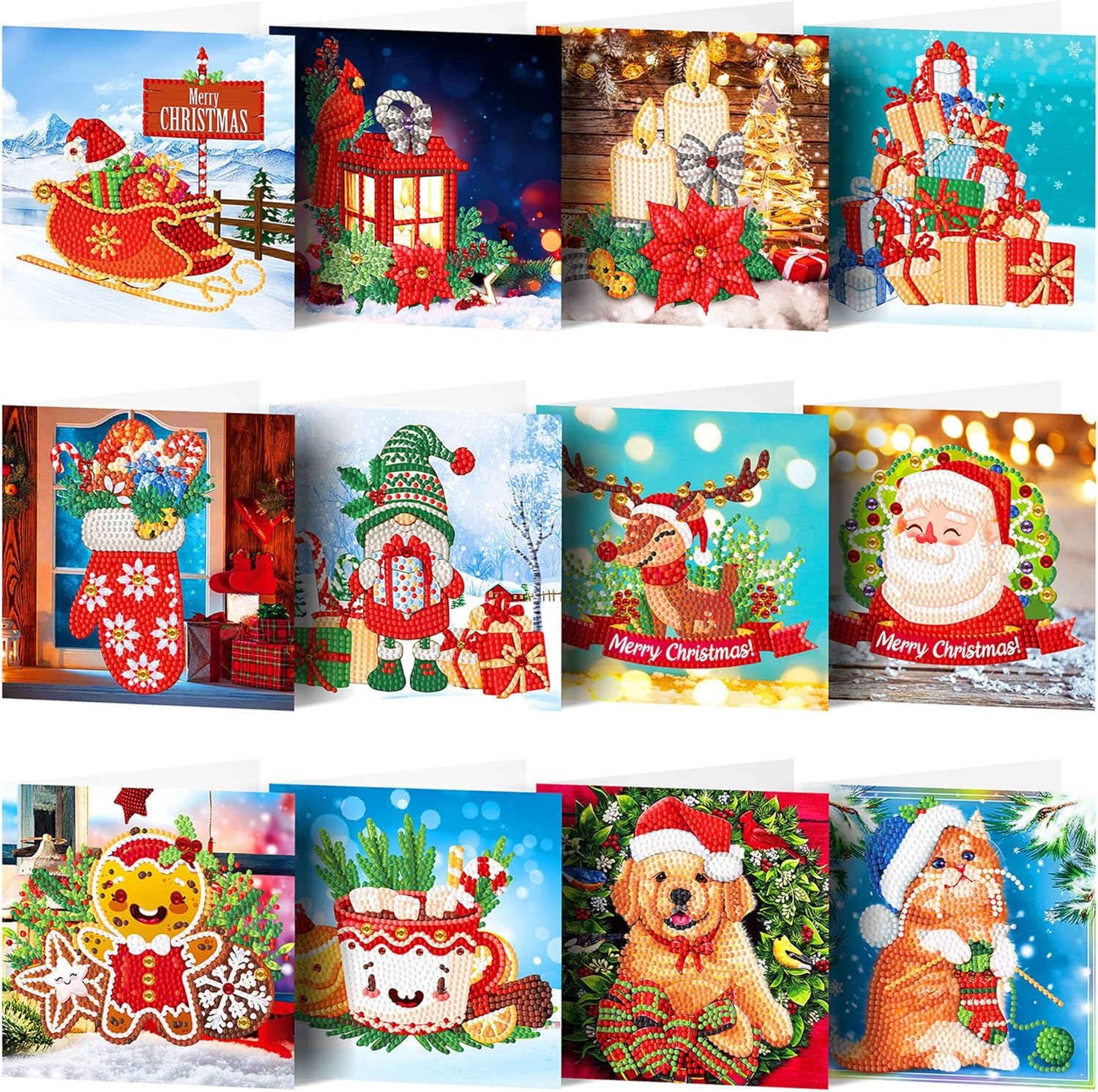 Huacan Tarjetas de Navidad 5D DIY Pintura Diamante Taladro Redondo Felicitación Tarjetas de Agradecimiento Creativas 12 Paquetes