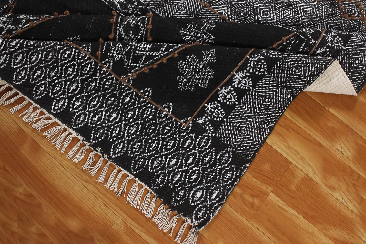 CASAVANI Collection – Alfombra cuadrada de 9 x 9 pies, alfombra geométrica Kilim Dhurrie de algodón negro, alfombra de uso para interiores y