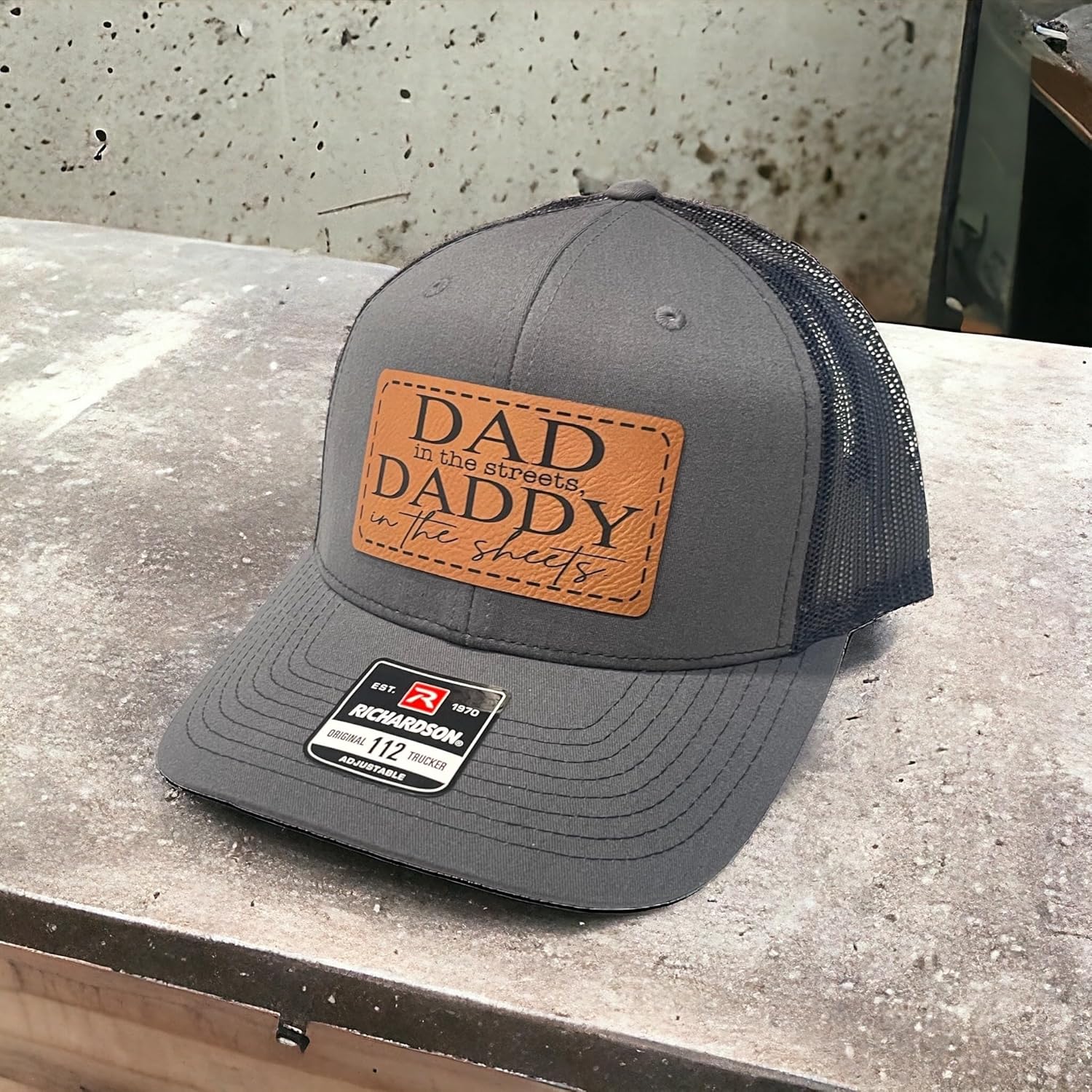 Dad In The Streets Daddy In The Sheets Hat Mens Funny Dad Baseball Cap (CharcoalBlk with Rawhide Patch)