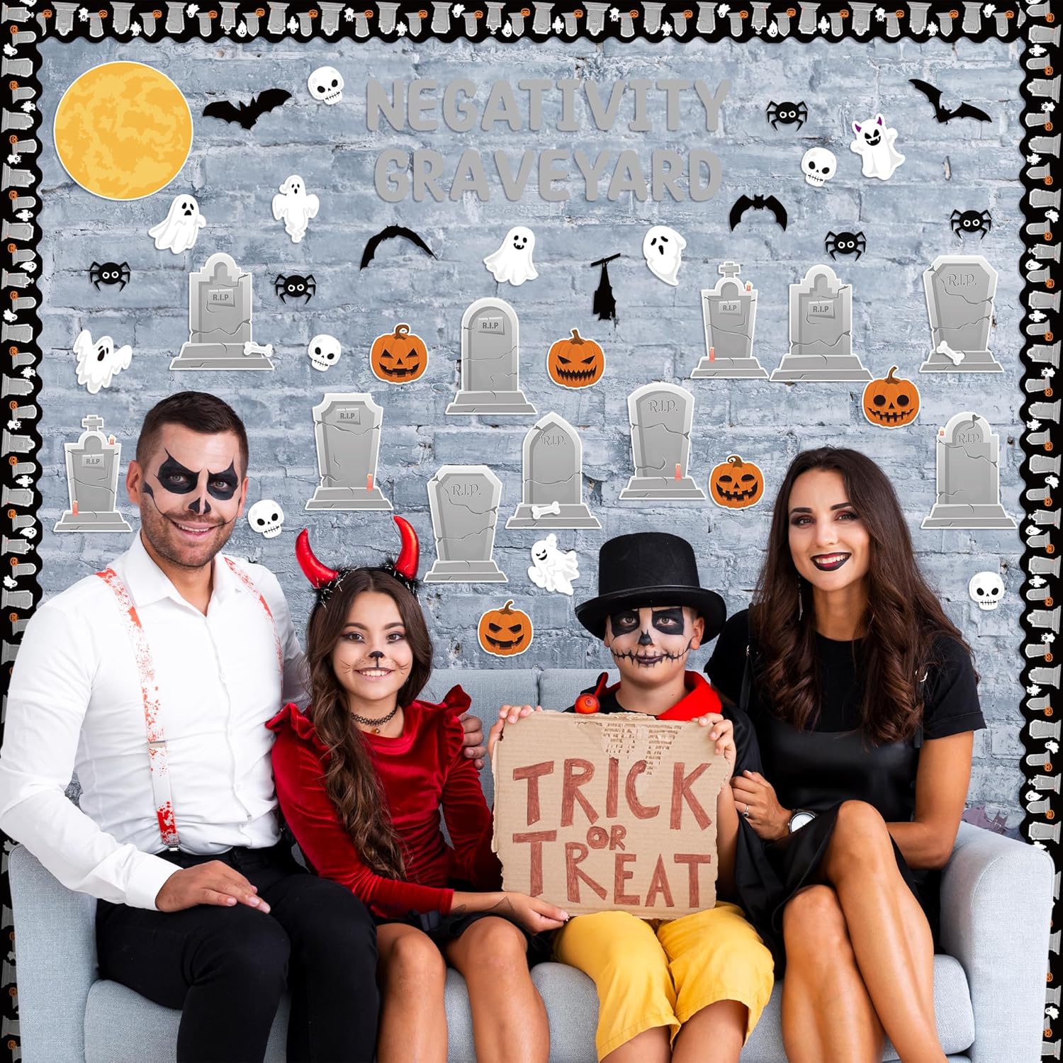 CPicdn Juego de 132 piezas de decoración de tablón de anuncios de negatividad de Halloween, fantasma, calabaza, araña, murciélago, lápidas, borde,