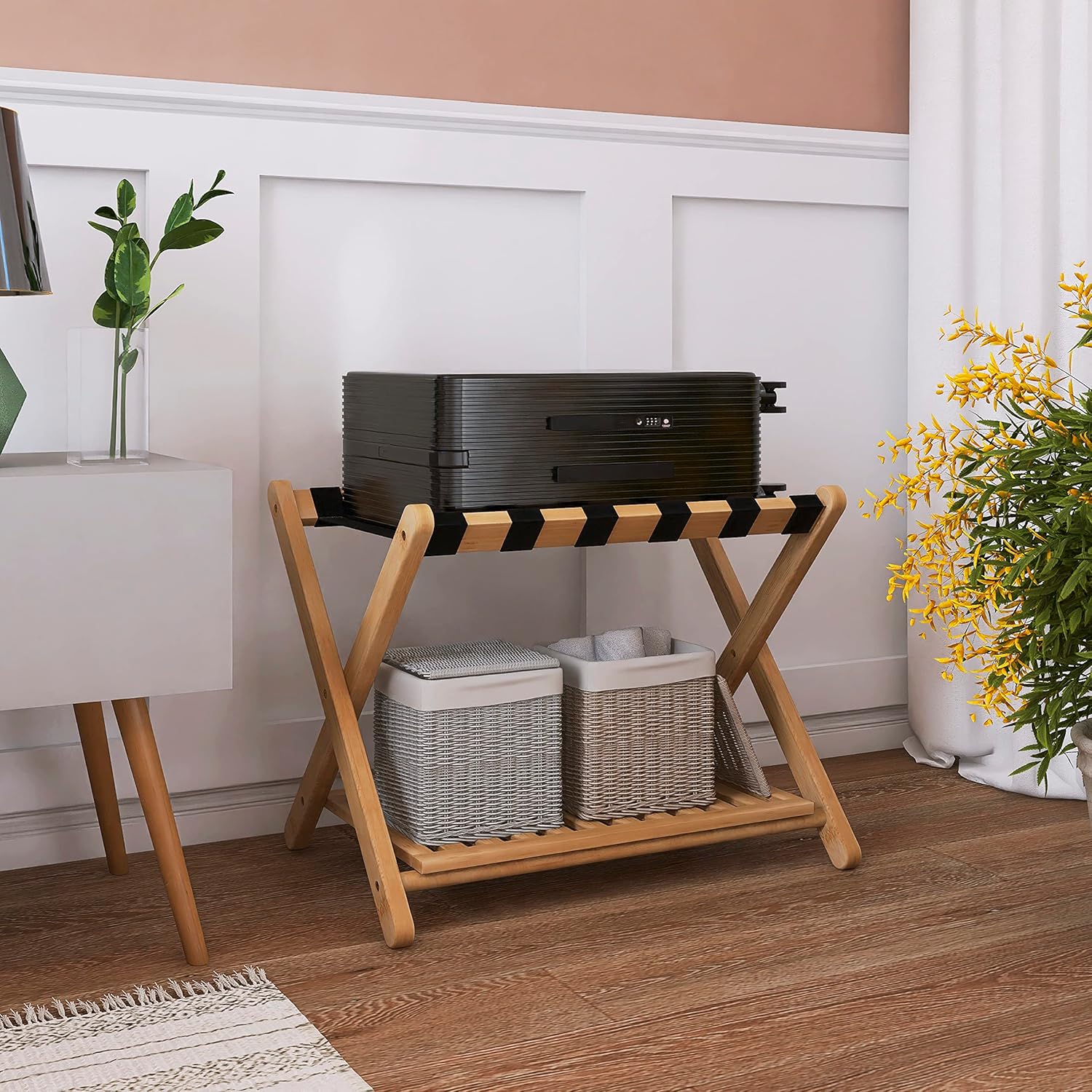 SMIBUY Portaequipajes, soporte plegable de bambú para maleta con estante de almacenamiento para habitación de invitados, dormitorio, hotel,