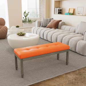 Banco vintage con asiento acolchado y patas de madera de álamo, banco de entrada tapizado de cuero copetudo de 45.3 pulgadas y banco de comedor, Banco vintage con asiento acolchado y patas de madera de álamo, banco de entrada tapizado de cuero copetudo de 45.3 pulgadas y banco de comedor,