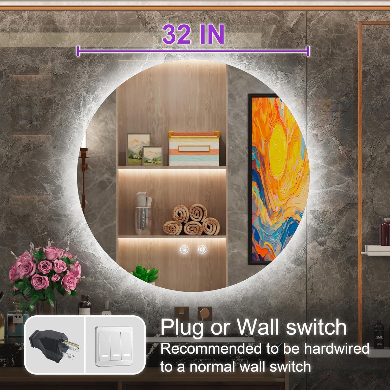 Espejo LED redondo, espejo LED retroiluminado redondo de 32 pulgadas, espejo de tocador de baño con luces, espejo de maquillaje iluminado circular