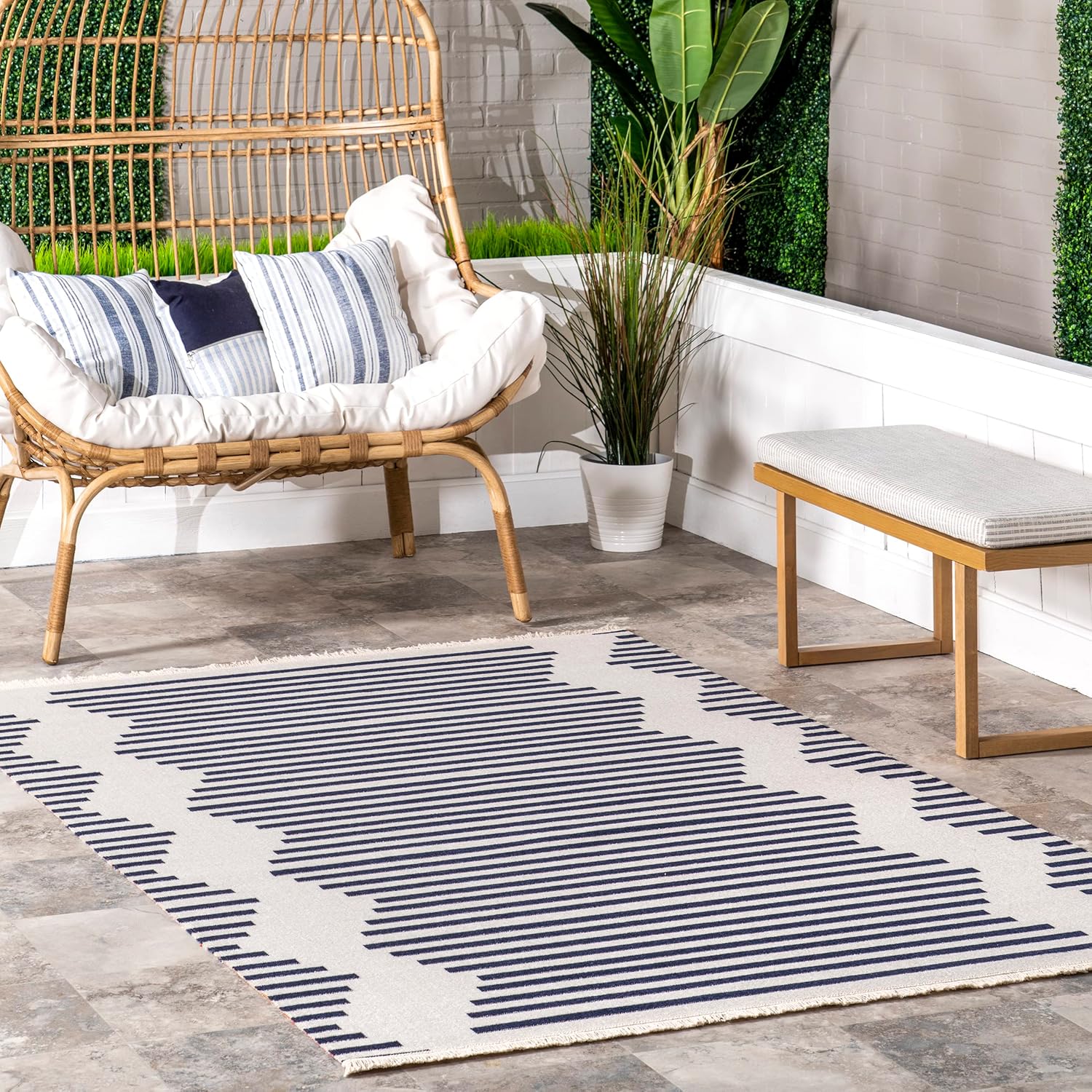 nuLOOM Holly Multi Stripe – Alfombra de área para interiores y exteriores, 4 x 6 pies, azul