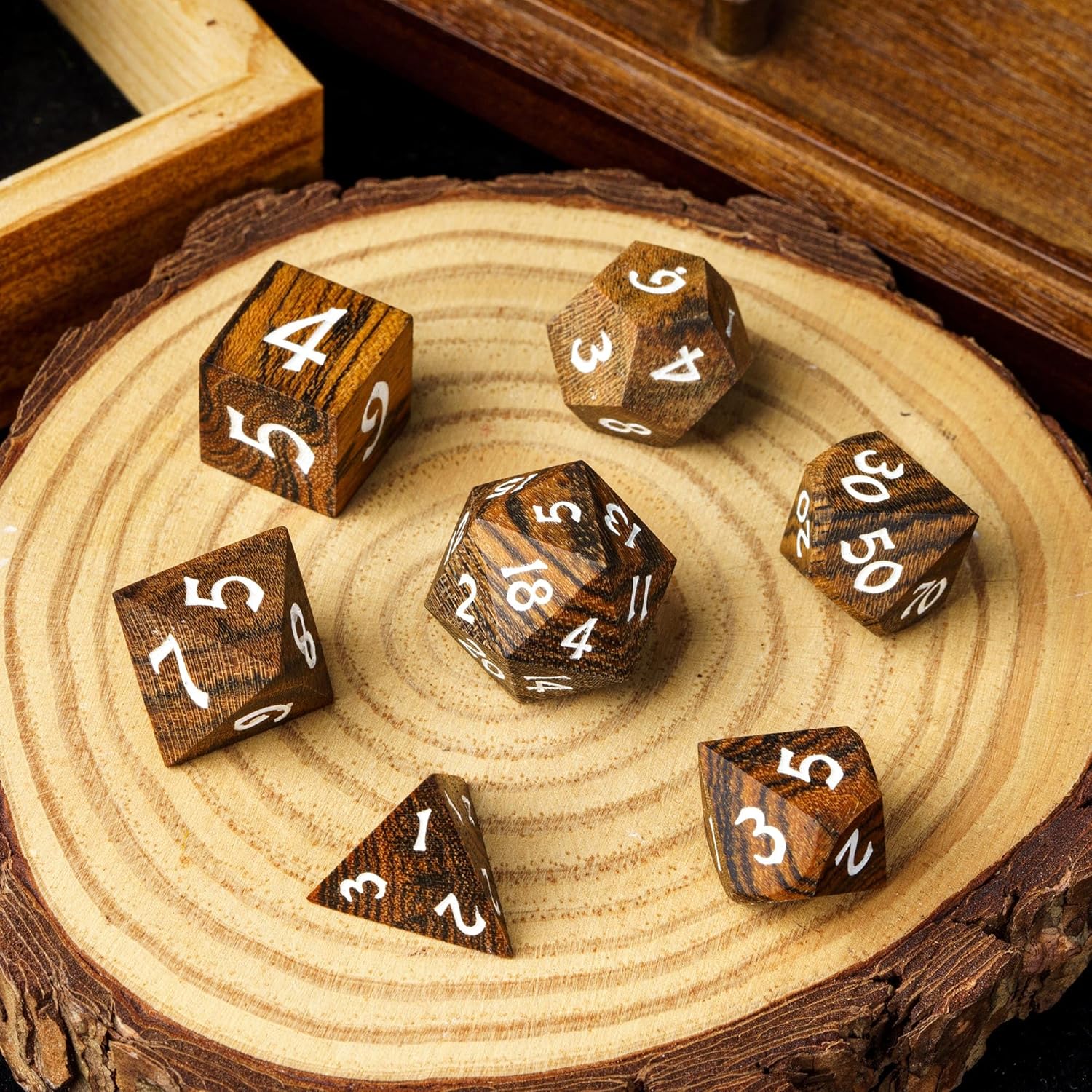 Dados DND de madera, juego de 7 dados poliédricos con caja de hierro, dados RPG D&D hechos con madera para juegos de rol MTG Dungeons and Dragons