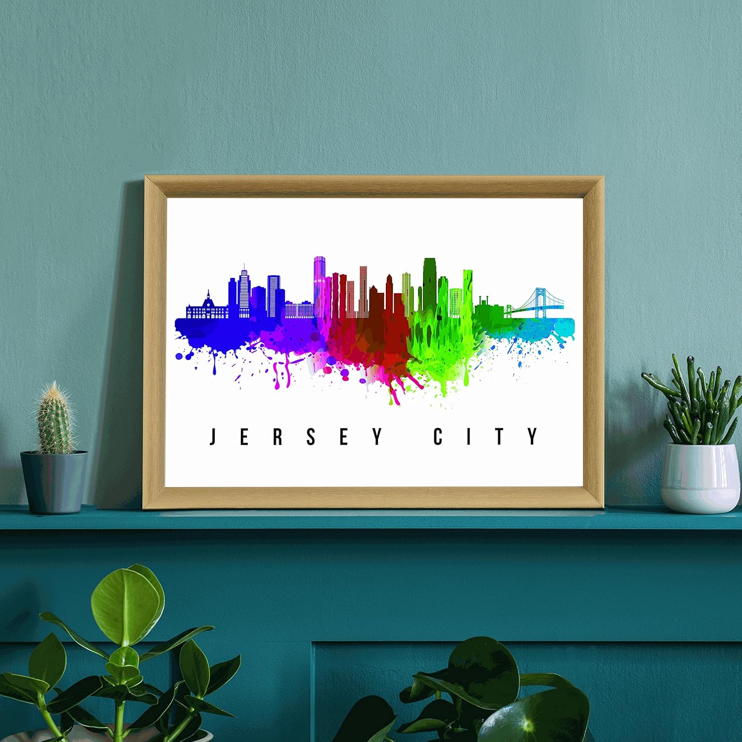 Póster de Jersey City Skyline New Jersey, pintura de paisaje urbano de Nueva Jersey, póster de la ciudad de Jersey Nueva Jersey, impresión de