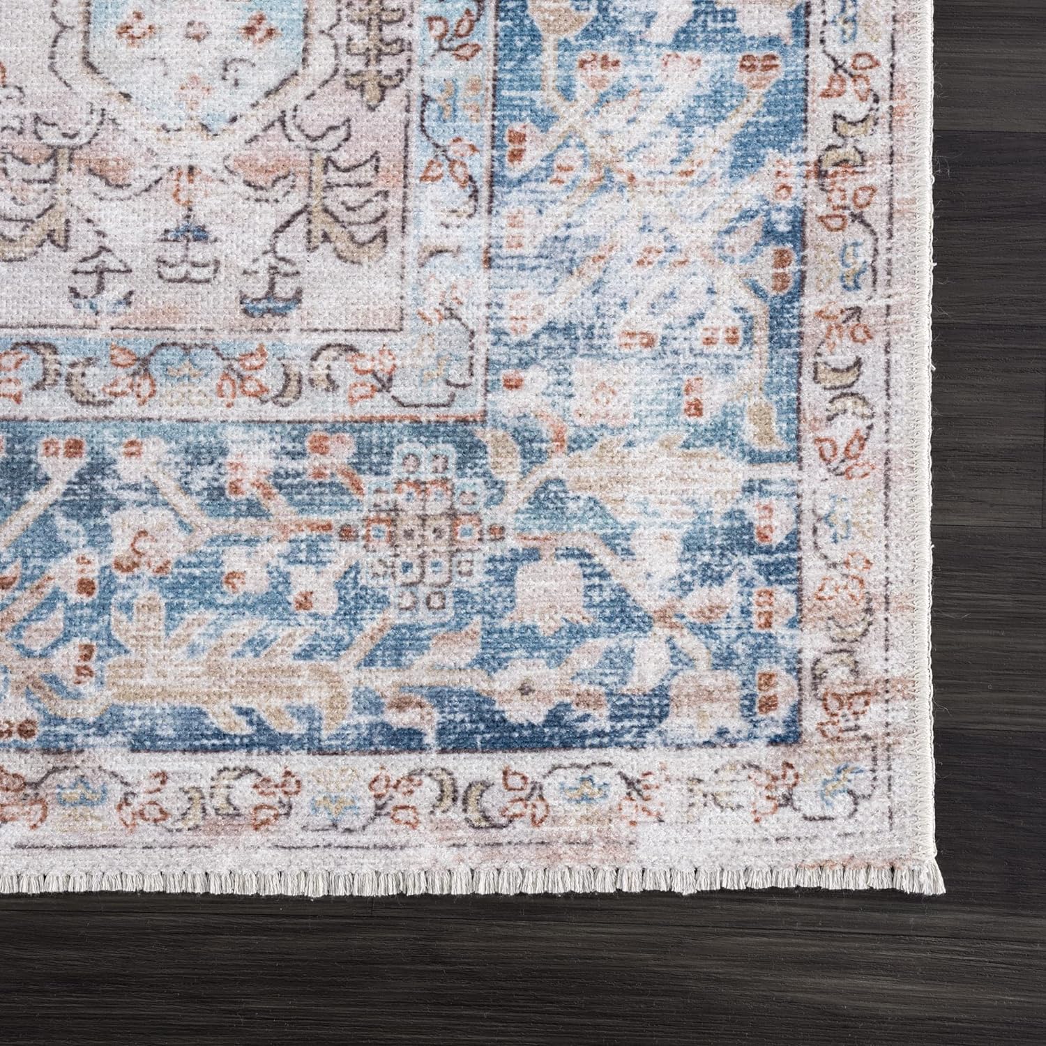 Bloom Rugs – Alfombra caminera Caria lavable, antideslizante, de 3,66 m, color beige y azul océano, para entrada, pasillo, baño y cocina, tamaño