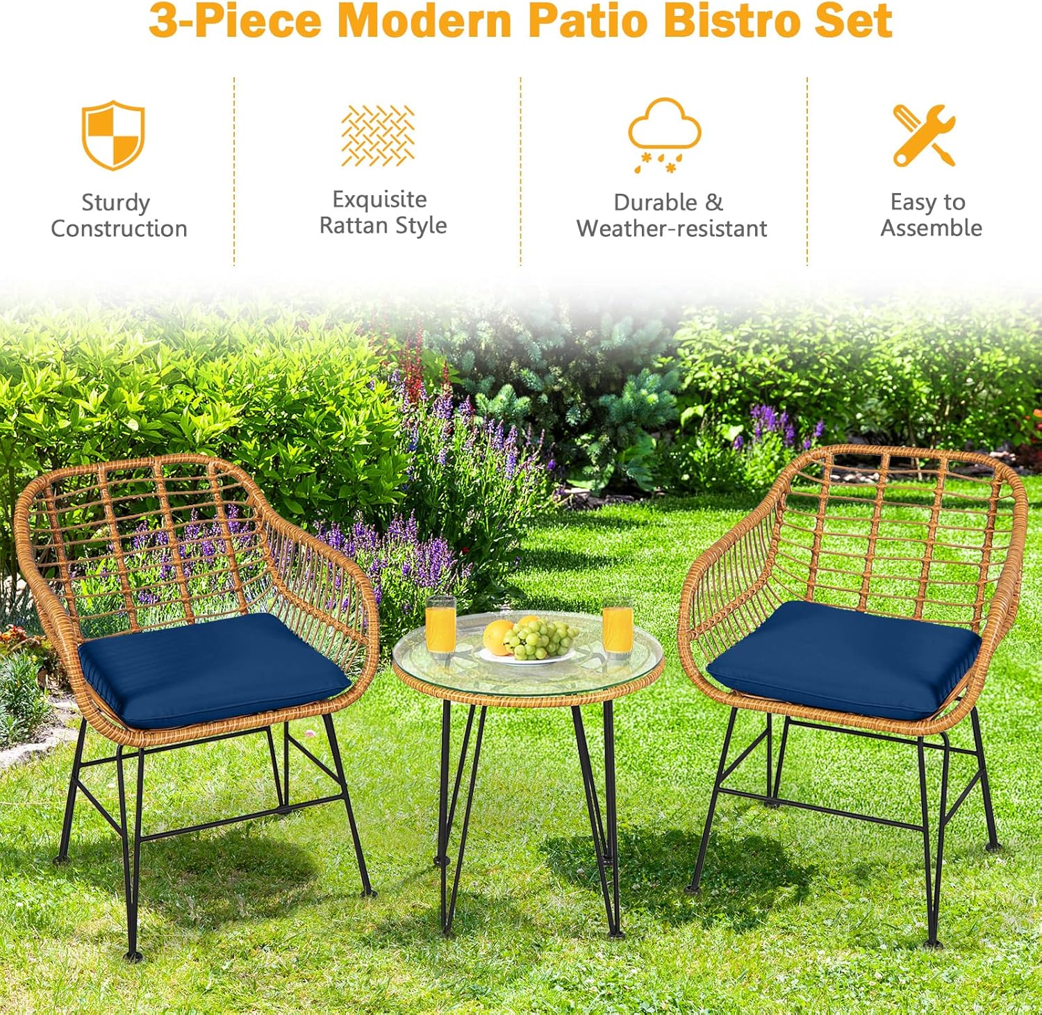 Tangkula Juego de 3 piezas de patio bistró, juego de conversación de ratán con 2 sillones acolchados y mesa de centro redonda de cristal, juego de