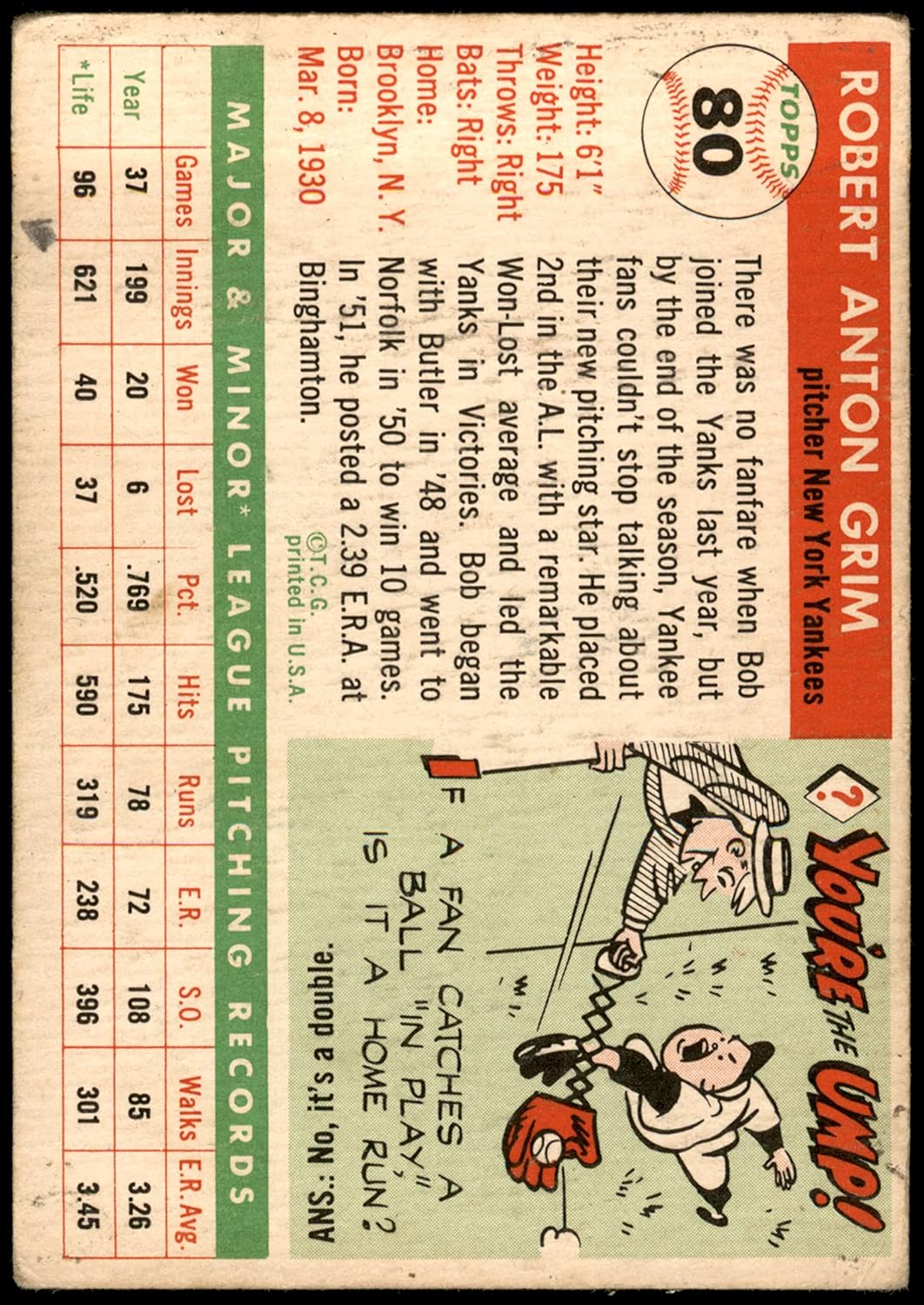 1955 Topps # 80 Bob Grim New York Yankees (Baseball Card) FAIR Yankees