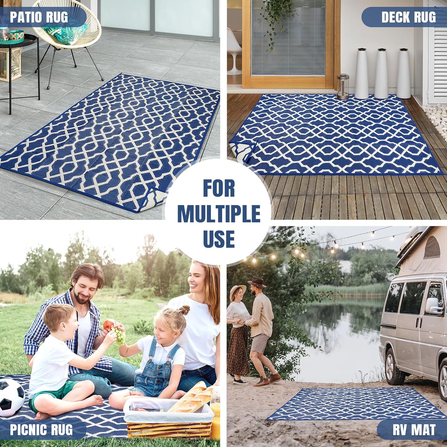 Alfombras para exteriores impermeables  Alfombras reversibles grandes de 5 x 8 pies para espacio de patio, alfombra de paja portátil para interiores