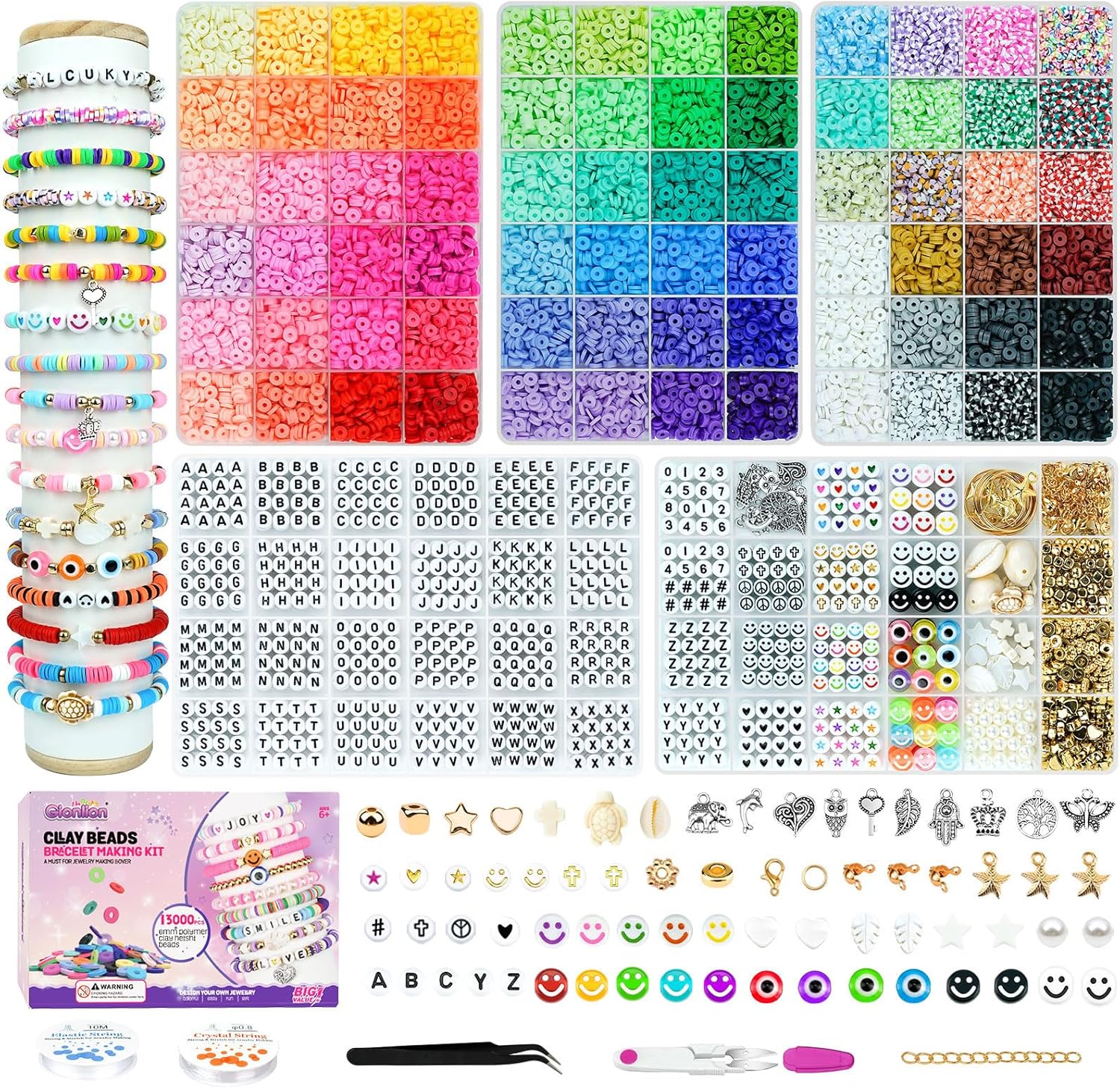 Gionlion Kit completo de fabricación de pulseras de la amistad, 72 colores de cuentas de arcilla preppy A-Z, cuentas de números y dijes, kit