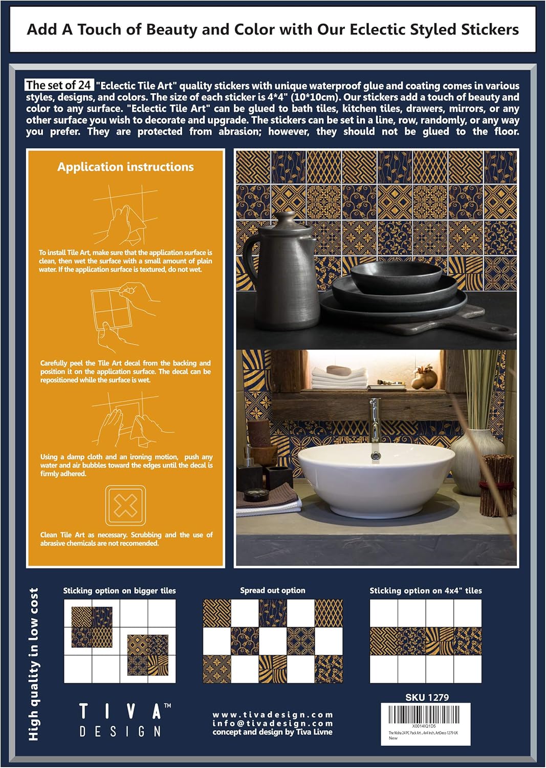 IRI-GIRI ArtDeco 1279-IG – Calcomanías adhesivas para pared (4 x 4 pulgadas), vinilo adhesivo decorativo para azulejos en muro, impermeable,