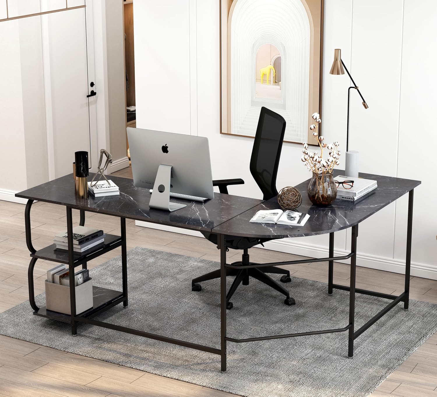 Anivia – Escritorio de computadora reversible en forma de L con estantes de 68.9 pulgadas, escritorio esquinero para juegos y escritura, color negro