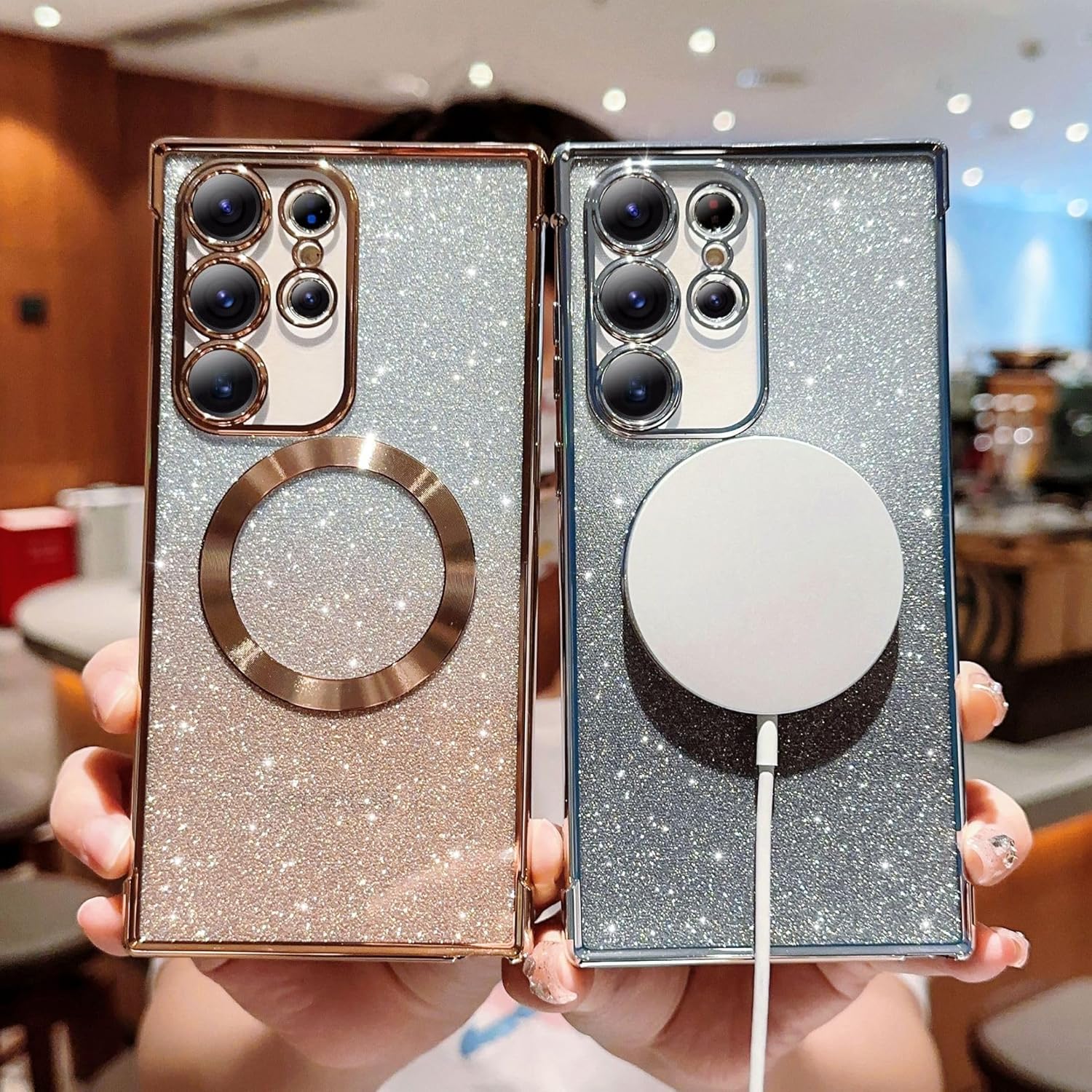 Funda con purpurina ultra magnética para Samsung Galaxy S22, funda de lujo con purpurina de protección completa con protector de lente de cámara,